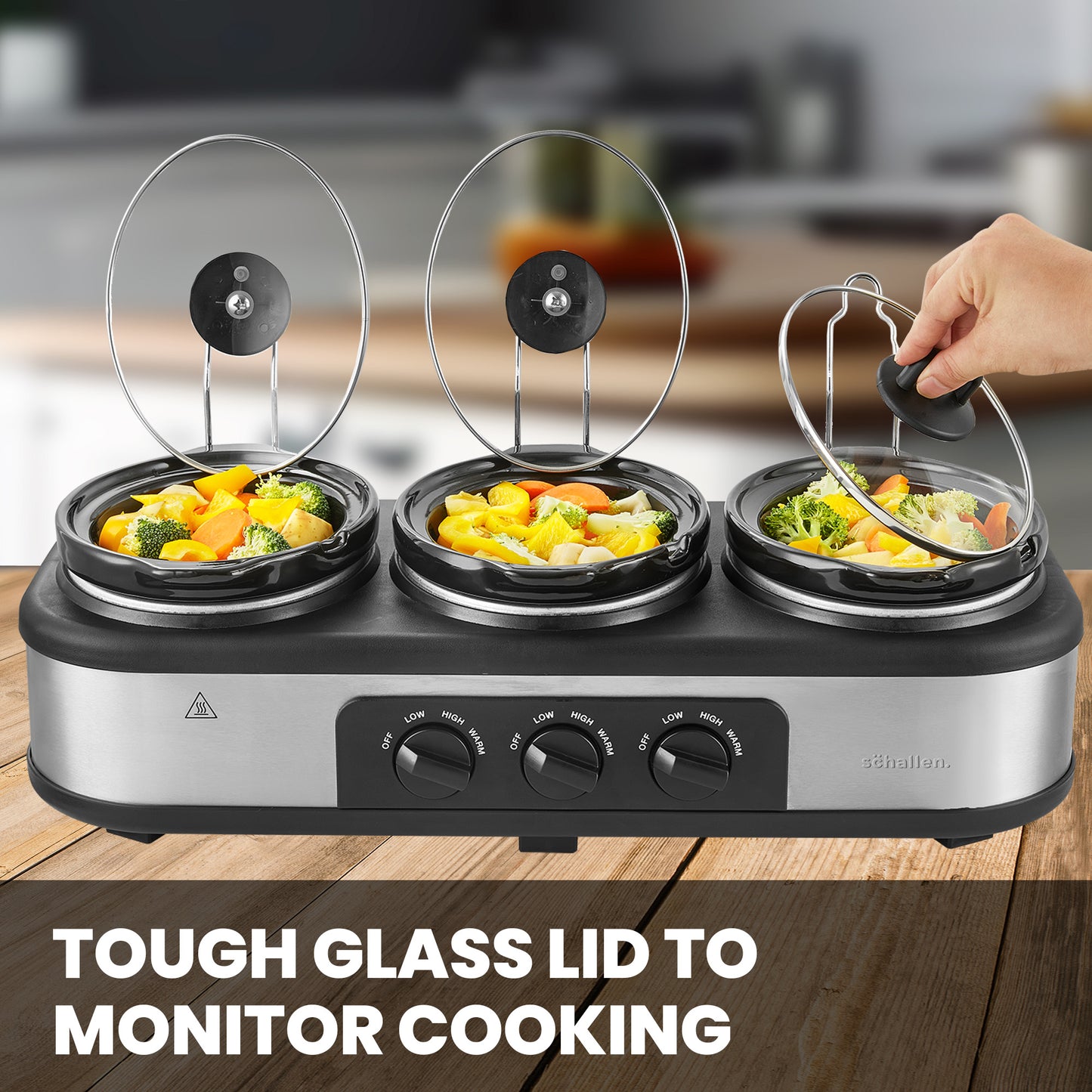Schallen Triple 3 x 1L Stainless Steel Stew and Stir Slow Cooker Cooking Machine