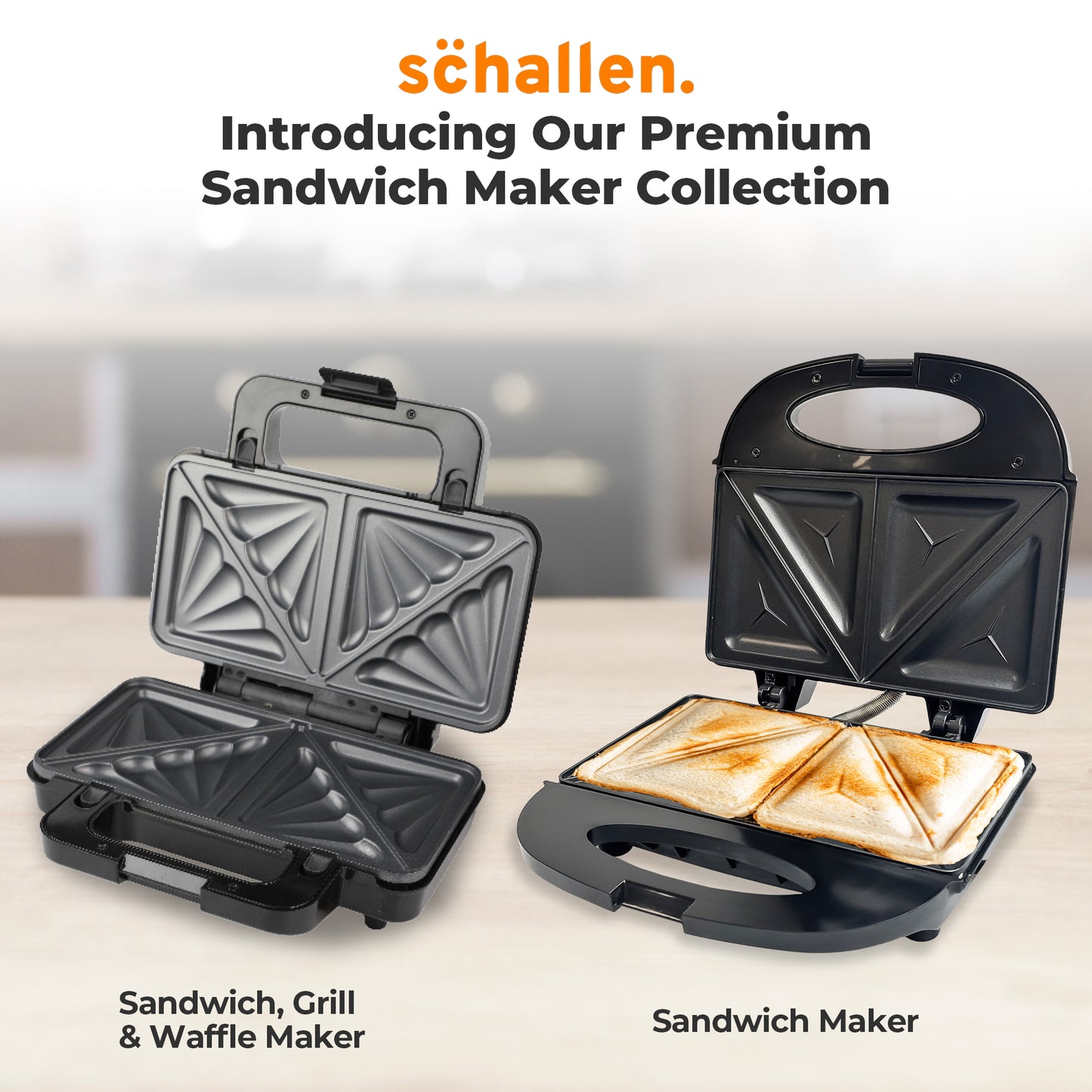 Schallen Black Sandwich Maker Butty Toaster Toastie Maker Making Machine with Non-Stick Coating & Heat Insulated Handle - Safety Thermal Cut-Out, Thermo Control & Locking System LED Light (Black)
