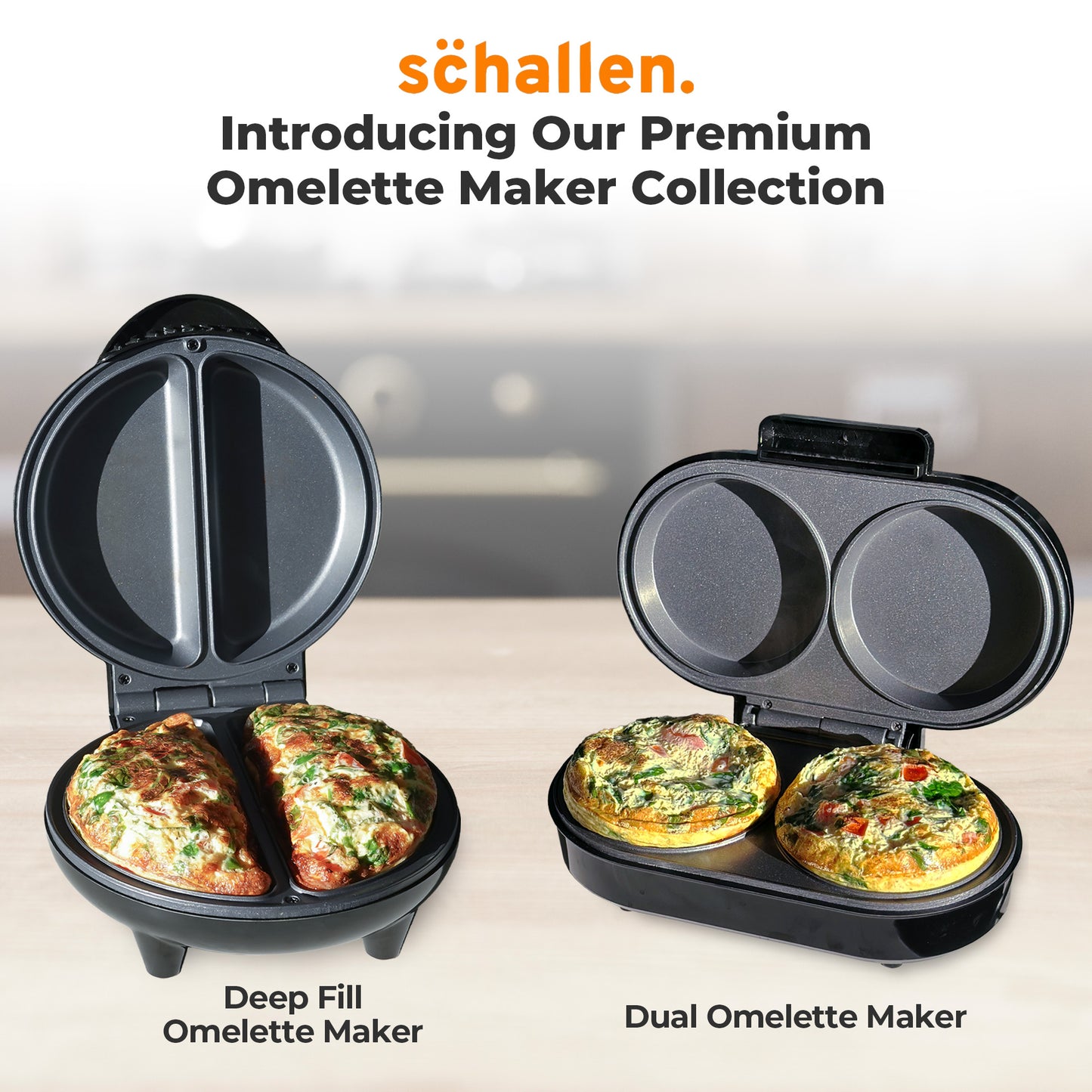 Schallen Electric Omelette Maker Deep Fill Healthy Eating Egg Pan with Non-Stick Coated Ceramic Plates & 2 Individual Cooking Plates with Cool Touch Handle (Stainless Steel)