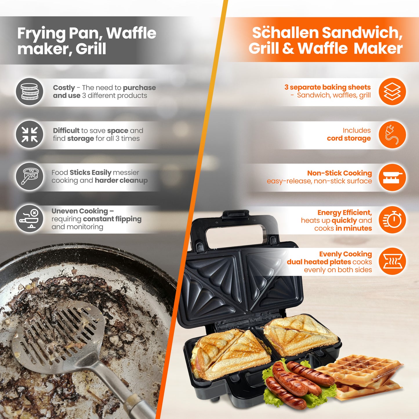 Schallen Electric All in 1 Multi Grill Grilling Machine, Sandwhich, Toastie & Waffle Maker Machine - Includes 4 Removable Large None Stick Cooking Plates (Stainless Steel, Black & Silver)