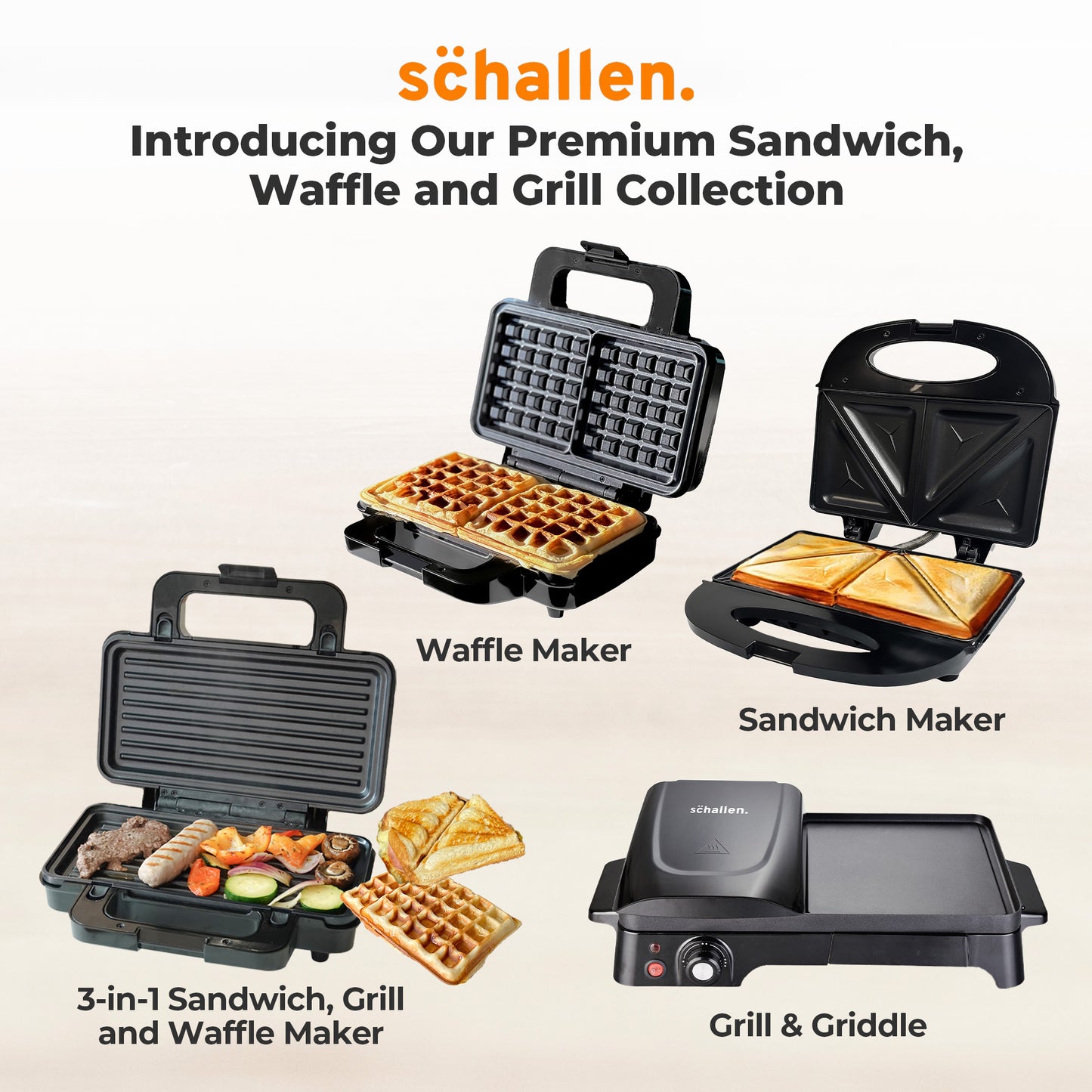 Schallen Electric All in 1 Multi Grill Grilling Machine, Sandwhich, Toastie & Waffle Maker Machine - Includes 4 Removable Large None Stick Cooking Plates (Stainless Steel, Black & Silver)