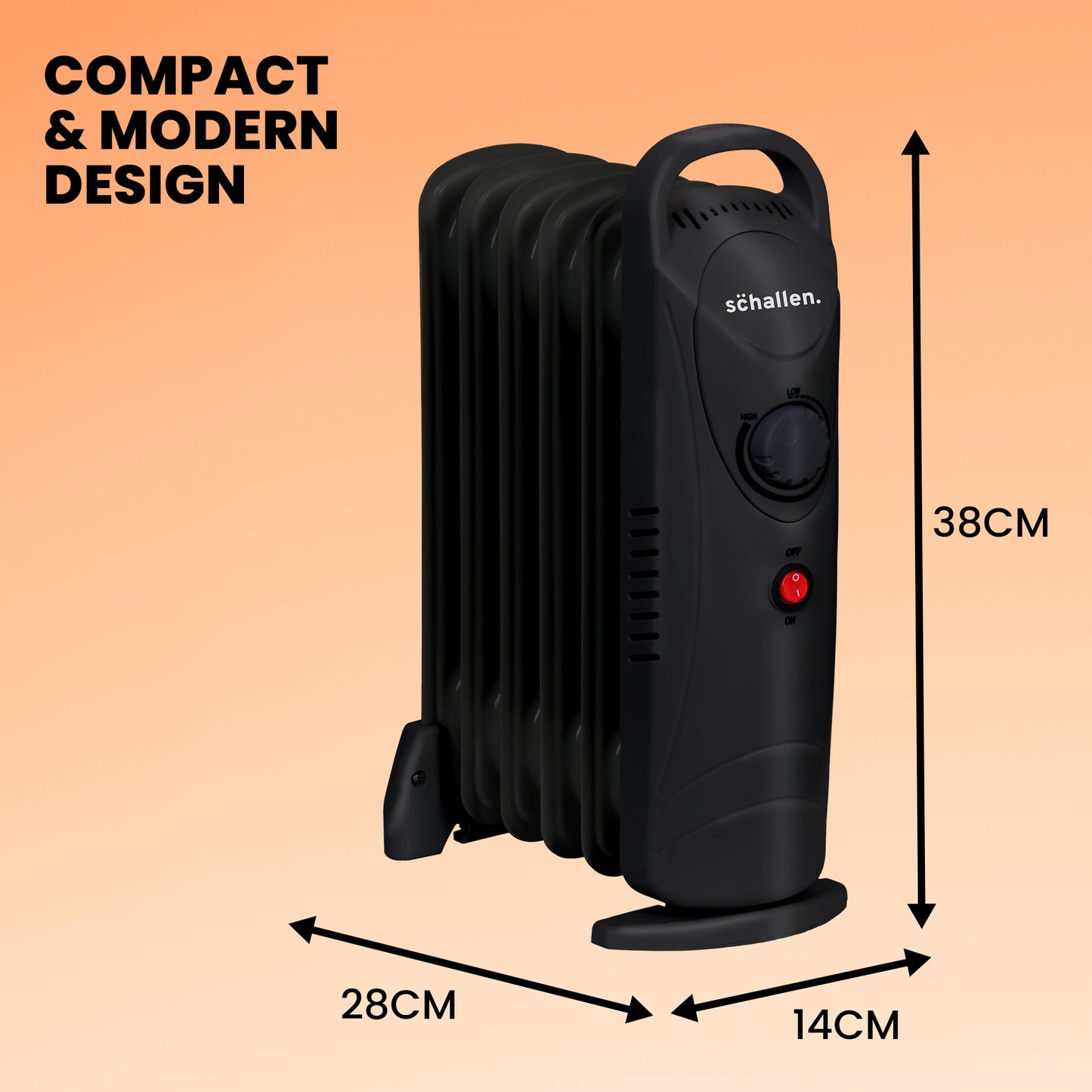 Schallen Black 800W 6 Fin Mini Small Portable Electric Slim Oil Filled Radiator Heater
