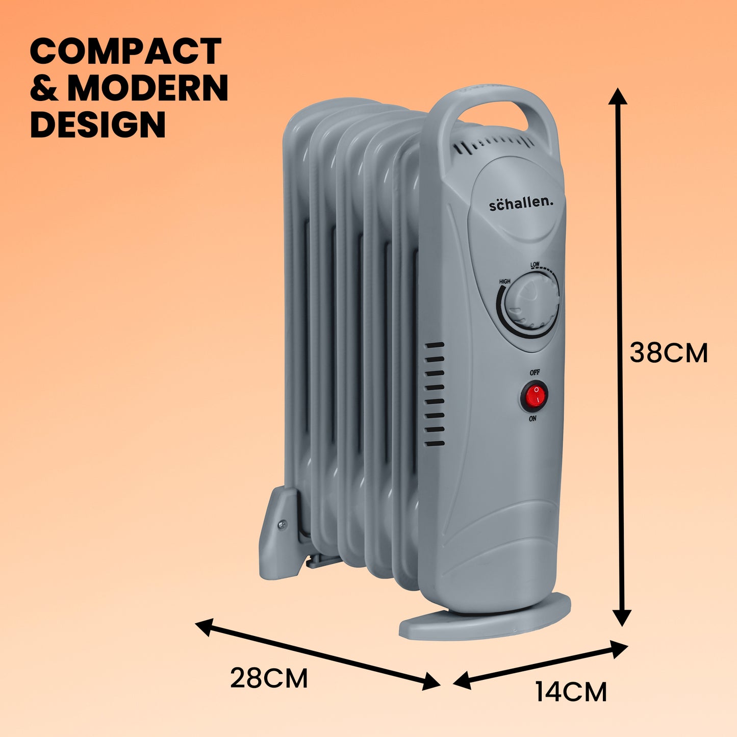 Schallen Grey 800W 6 Fin Mini Small Portable Electric Slim Oil Filled Radiator Heater