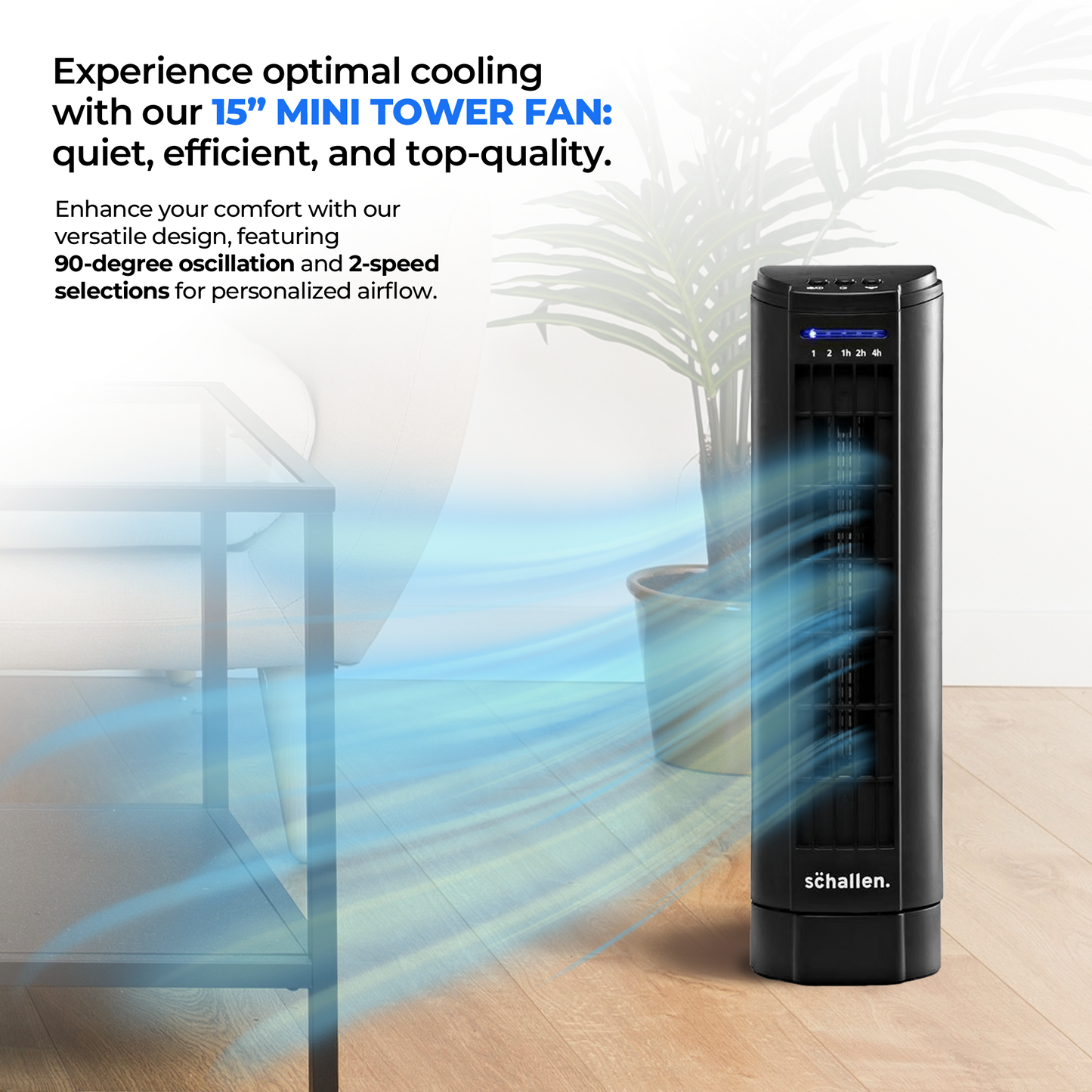 Schallen 15" Electric Air Cooling Quiet Oscillation Floor Desk Mini Tower Fan with Timer - Black