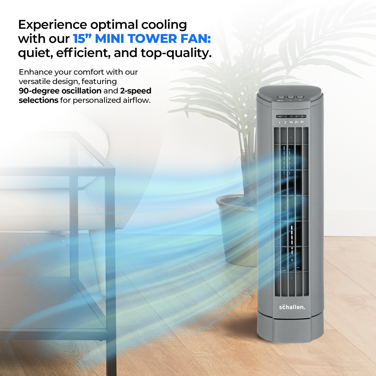 Schallen 15" Electric Air Cooling Quiet Oscillation Floor Desk Mini Tower Fan with Timer - Grey