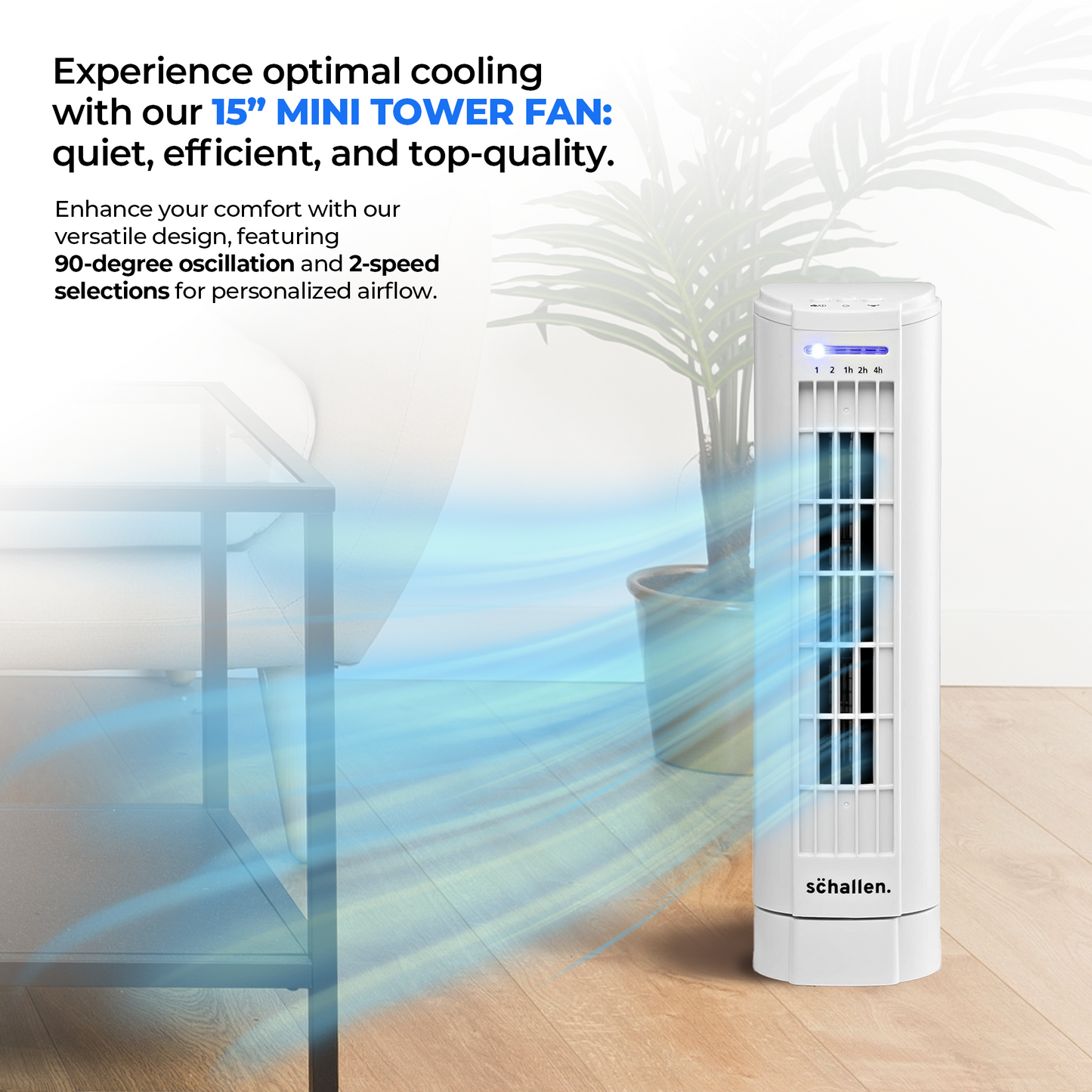 Schallen 15" Electric Air Cooling Quiet Oscillation Floor Desk Mini Tower Fan with Timer - White