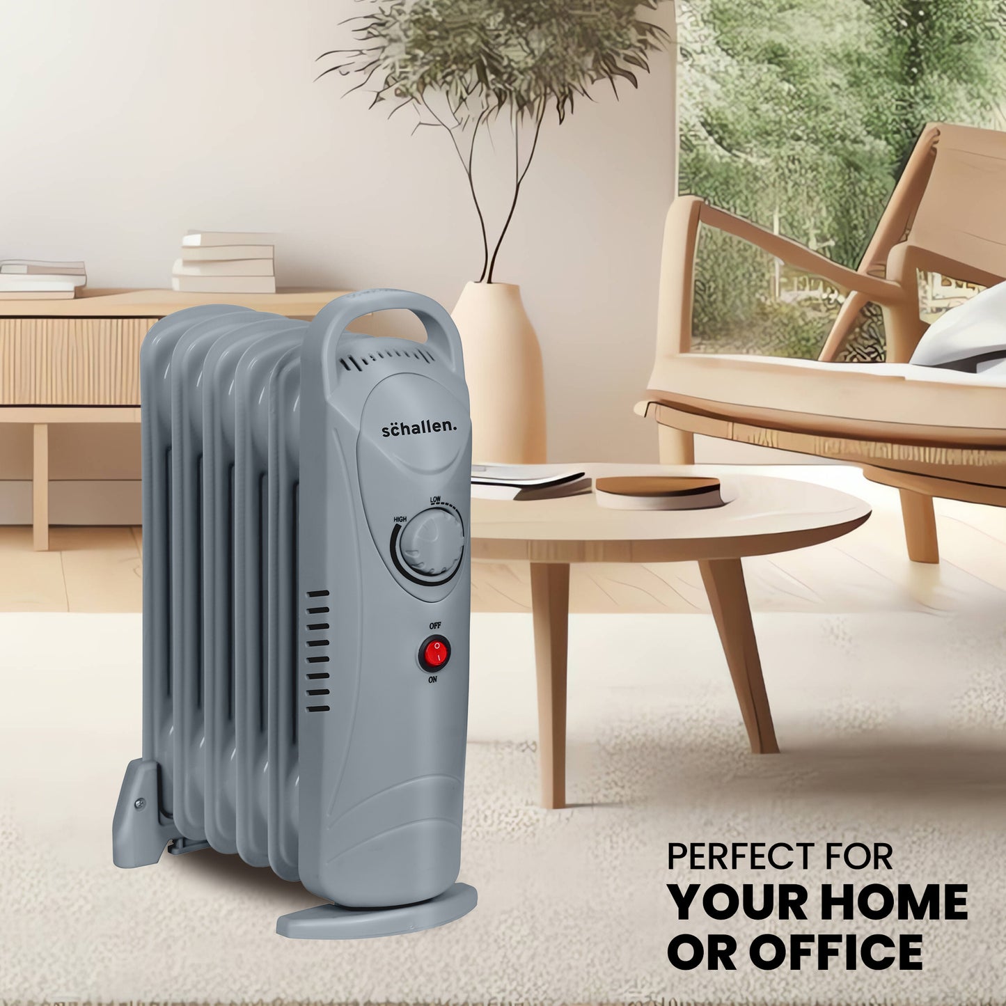 Schallen Grey 800W 6 Fin Mini Small Portable Electric Slim Oil Filled Radiator Heater
