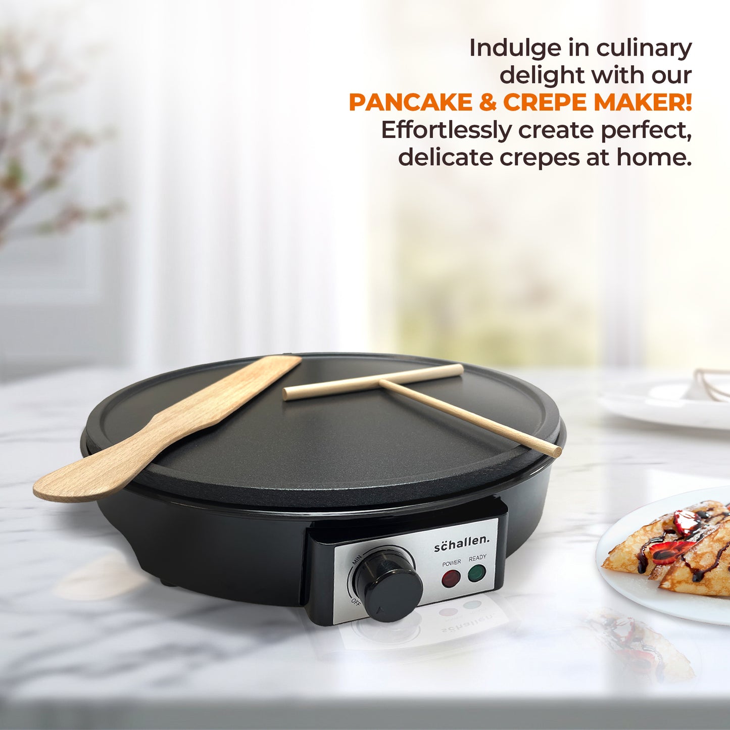 Schallen Black 1000W 12" Electric Traditional Pancake & Crepe Maker Machine Hot Plate & Utensils