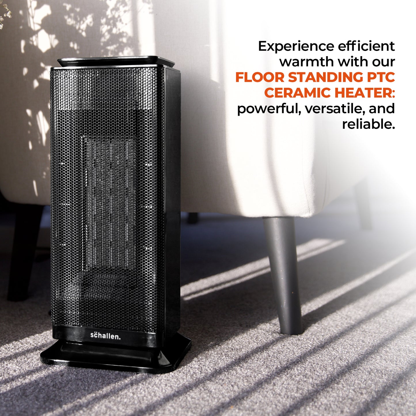 Schallen Floor Standing PTC Ceramic Heater Warm and Cool Air Fan with 24 Hour Timer, Remote Control and LCD Display in Black