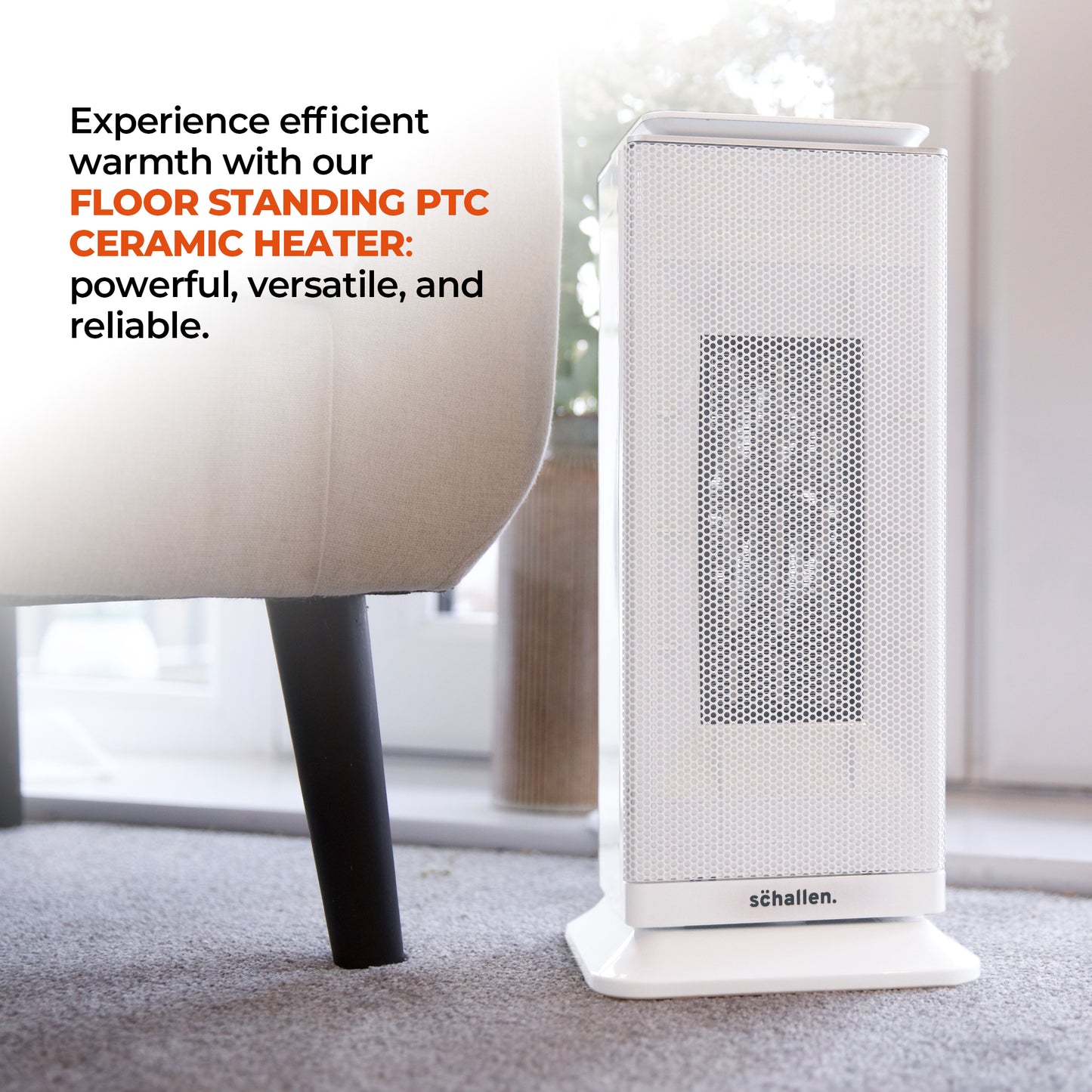 Schallen Floor Standing PTC Ceramic Heater Warm and Cool Air Fan with 24 Hour Timer, Remote Control and LCD Display in White