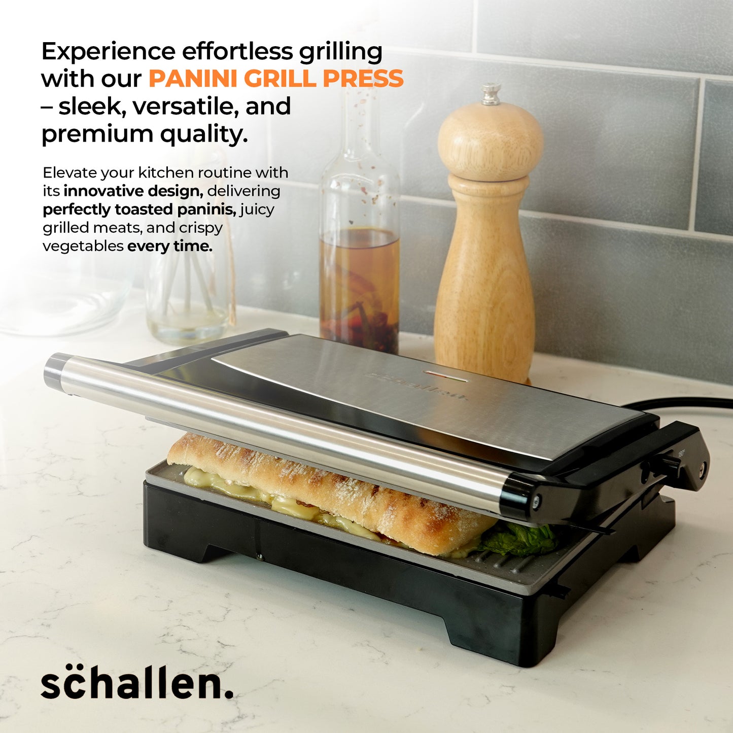 Schallen Panini Grill Press, 2 Slice Sandwich Panini Press & Toastie Maker Machine with Non Stick Hot Plates & Cool Touch Handle 1000W (Black & Silver, Stainless Steel)