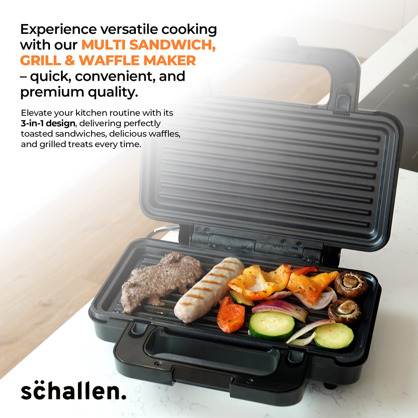 Schallen Electric All in 1 Multi Grill Grilling Machine, Sandwhich, Toastie & Waffle Maker Machine - Includes 4 Removable Large None Stick Cooking Plates (Stainless Steel, Black & Silver)