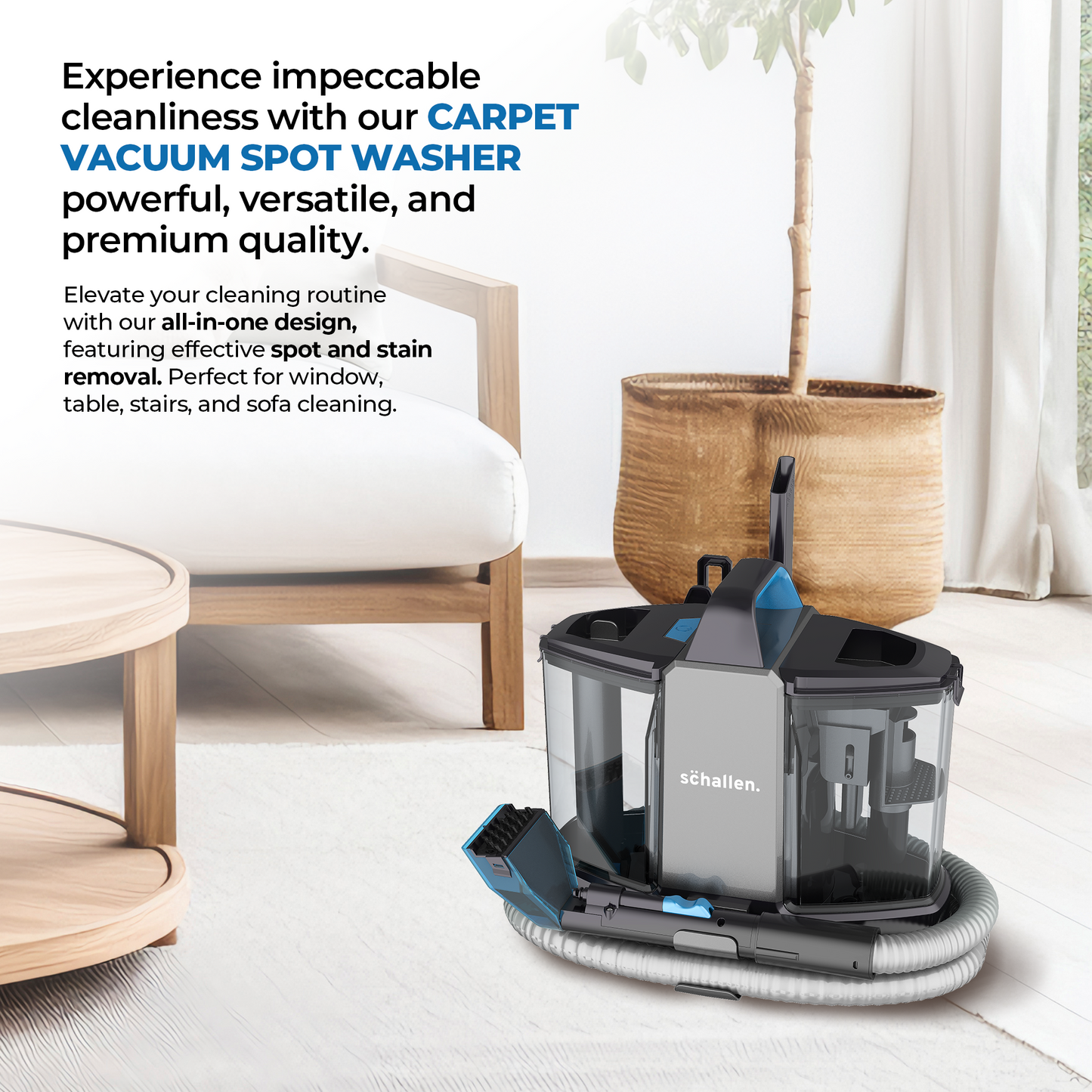 Schallen Deep Cleaning Upholstery and Carpet Cleaner Machine, Carpet Washer with Clean & Dirty Water Tank, Portable, Powerful 500W Motor, Including Carpet Brush, Glass Brush & Crevice Nozzle