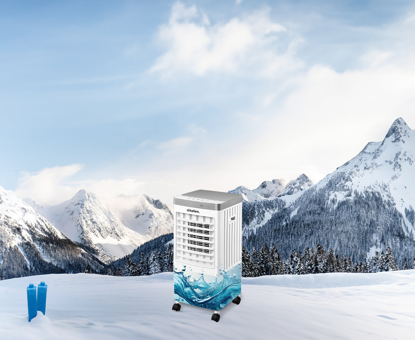Schallen Portable Air Cooler for Home & Office Use, Sleek Design 3 Speed Settings with Large 10 Litre Water Tank, Remote Control, 65W (White & Grey)