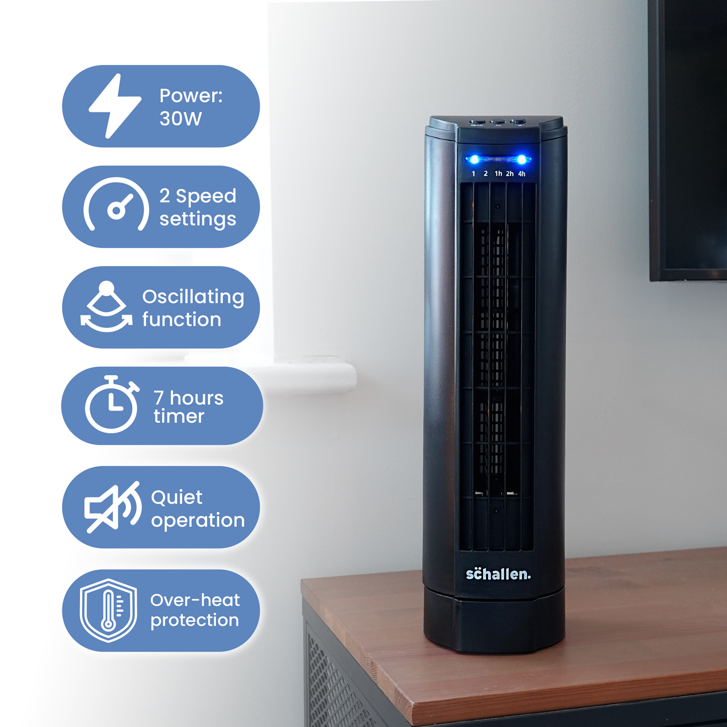 Schallen 15" Electric Air Cooling Quiet Oscillation Floor Desk Mini Tower Fan with Timer - Black