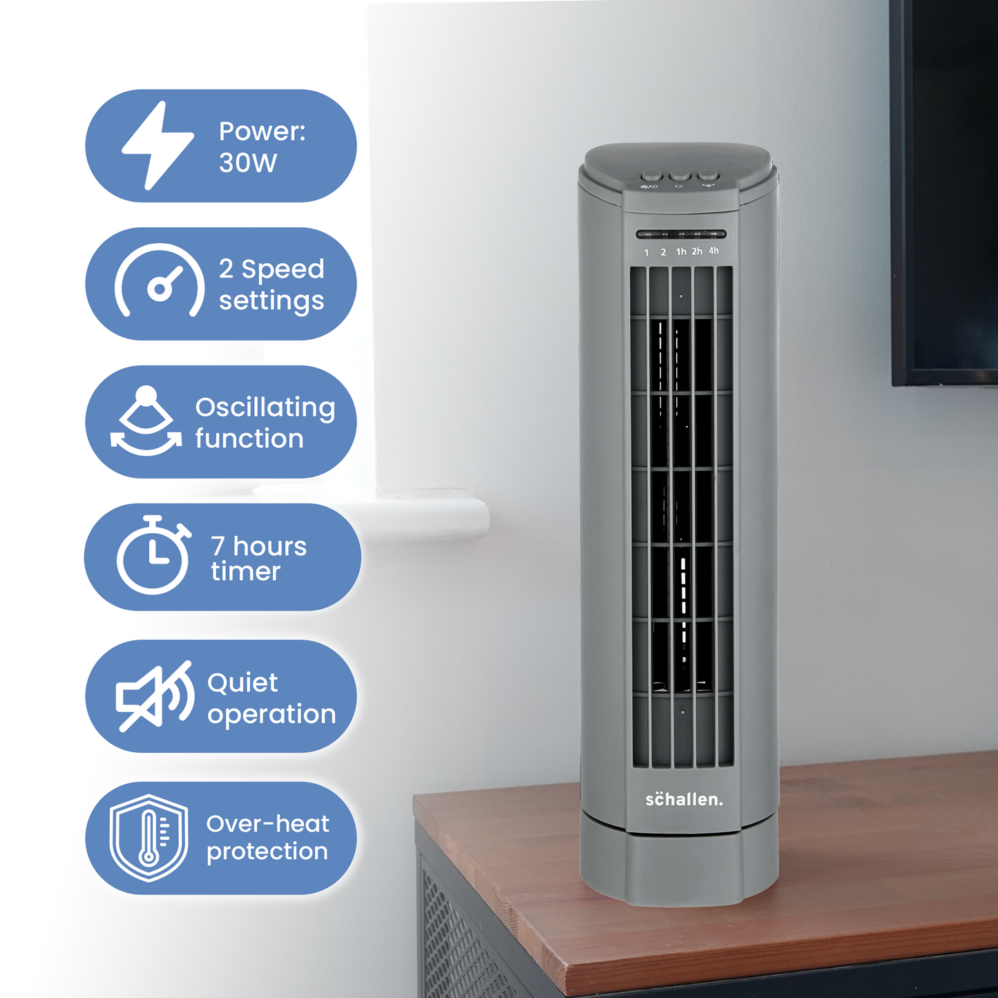 Schallen 15" Electric Air Cooling Quiet Oscillation Floor Desk Mini Tower Fan with Timer - Grey