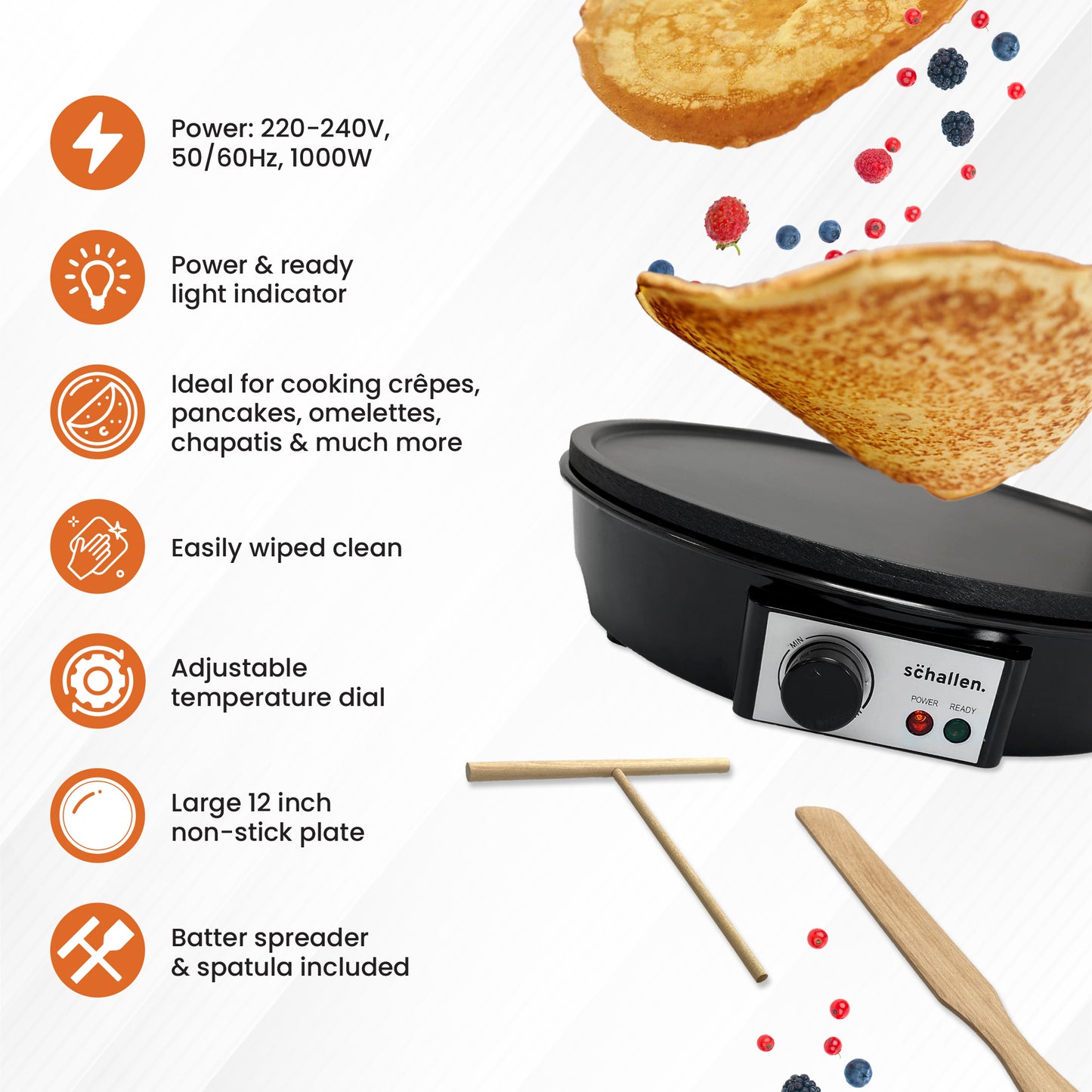 Schallen Black 1000W 12" Electric Traditional Pancake & Crepe Maker Machine Hot Plate & Utensils