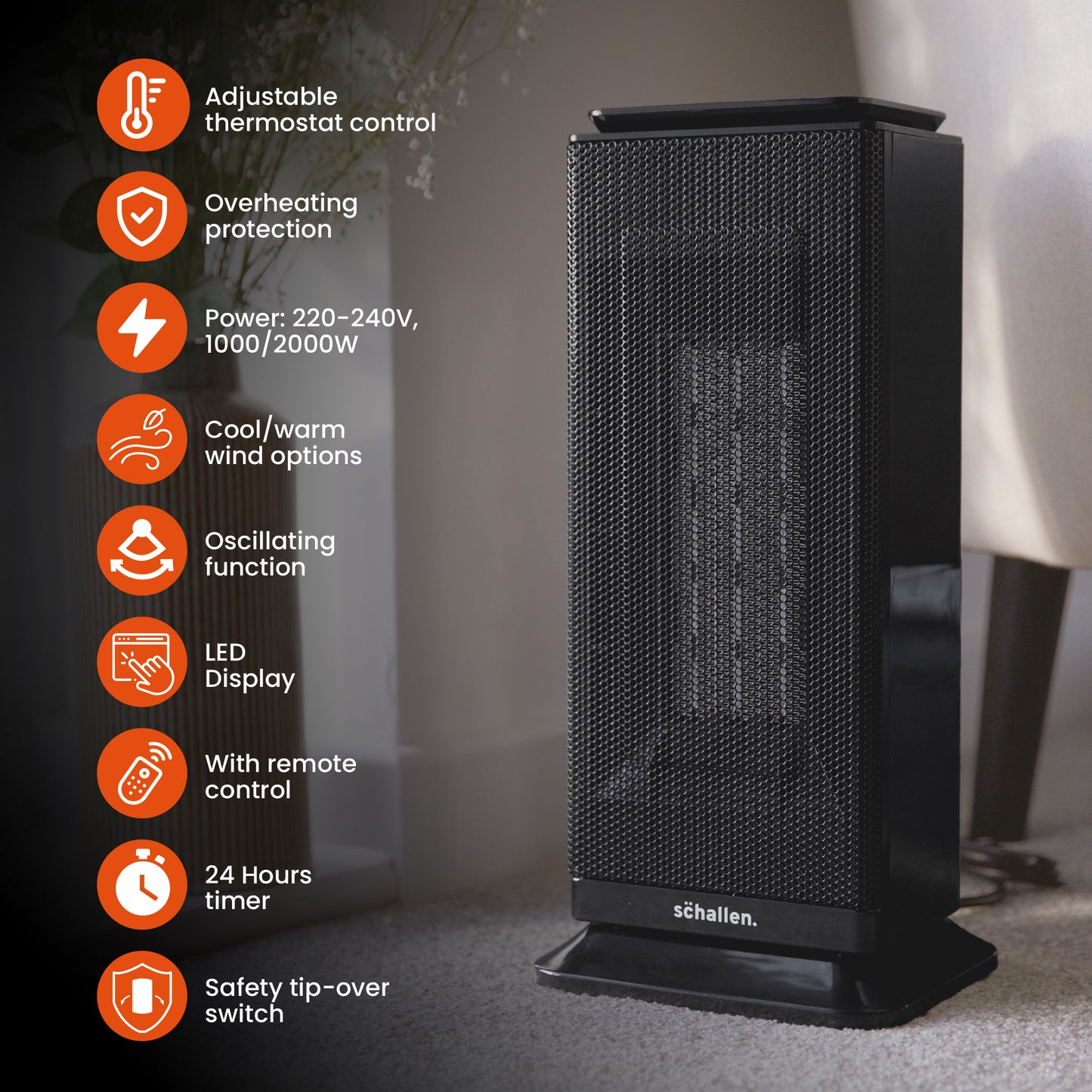 Schallen Floor Standing PTC Ceramic Heater Warm and Cool Air Fan with 24 Hour Timer, Remote Control and LCD Display in Black