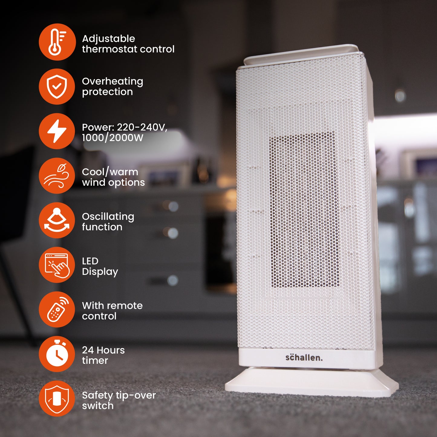 Schallen Floor Standing PTC Ceramic Heater Warm and Cool Air Fan with 24 Hour Timer, Remote Control and LCD Display in White