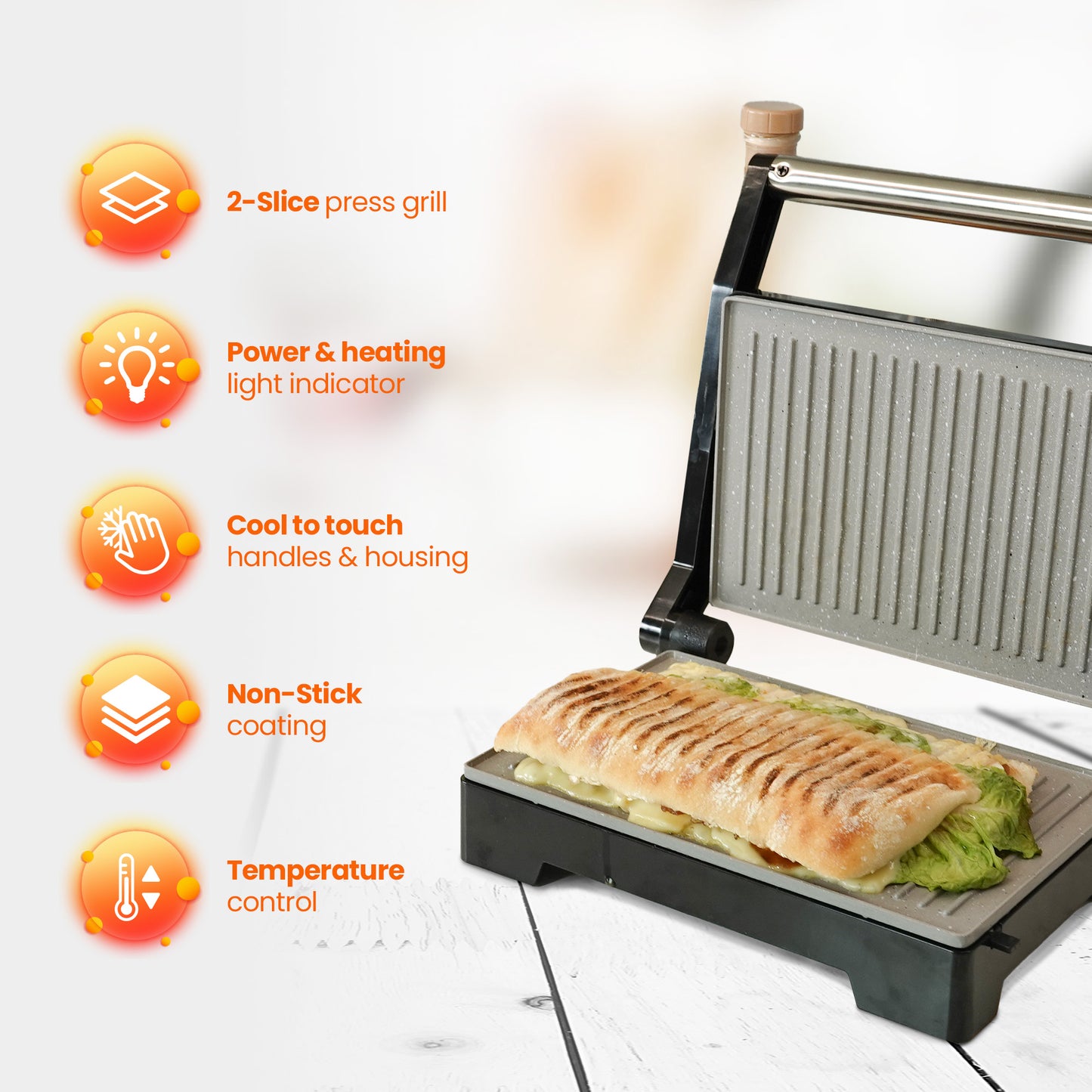 Schallen Panini Grill Press, 2 Slice Sandwich Panini Press & Toastie Maker Machine with Non Stick Hot Plates & Cool Touch Handle 1000W (Black & Silver, Stainless Steel)