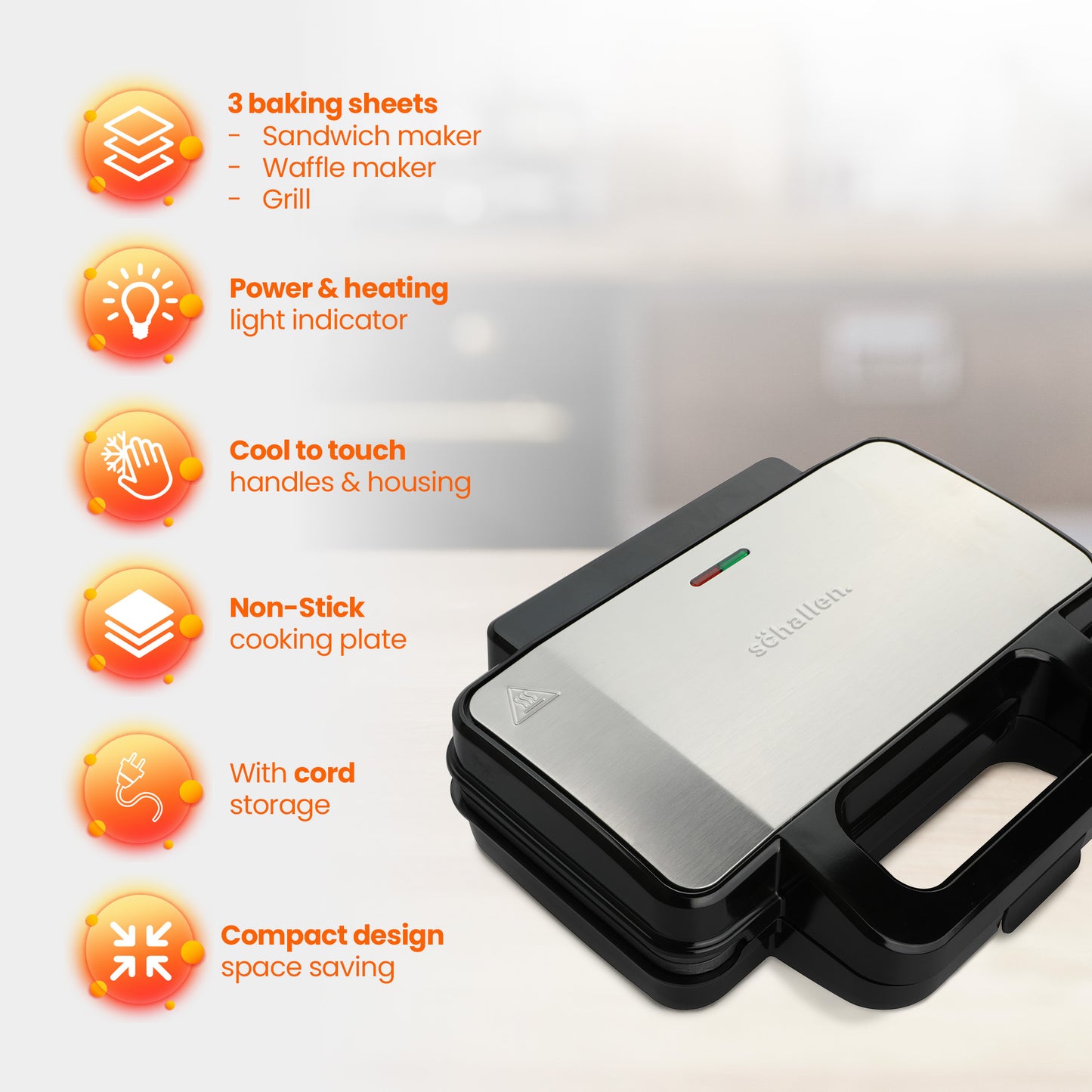 Schallen Electric All in 1 Multi Grill Grilling Machine, Sandwhich, Toastie & Waffle Maker Machine - Includes 4 Removable Large None Stick Cooking Plates (Stainless Steel, Black & Silver)