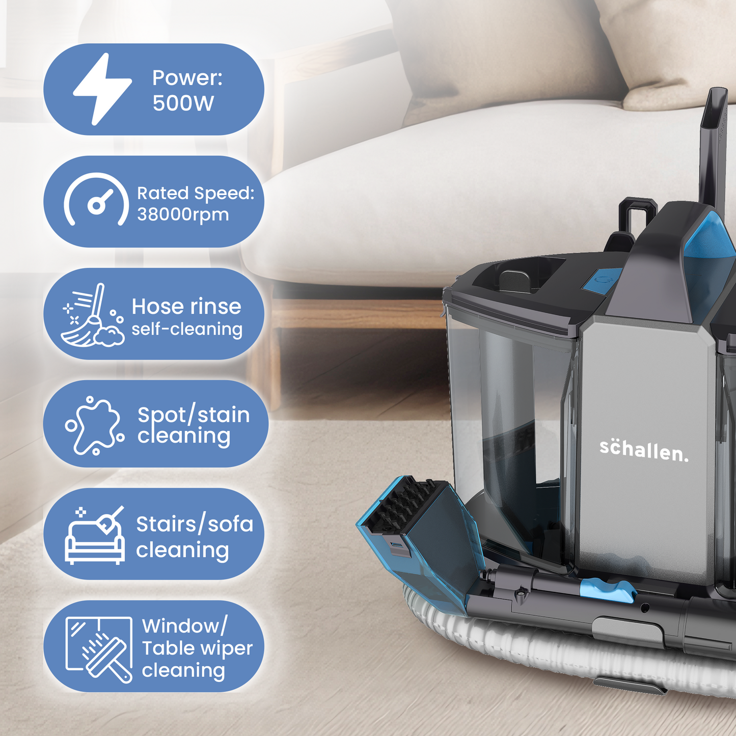 Schallen Deep Cleaning Upholstery and Carpet Cleaner Machine, Carpet Washer with Clean & Dirty Water Tank, Portable, Powerful 500W Motor, Including Carpet Brush, Glass Brush & Crevice Nozzle