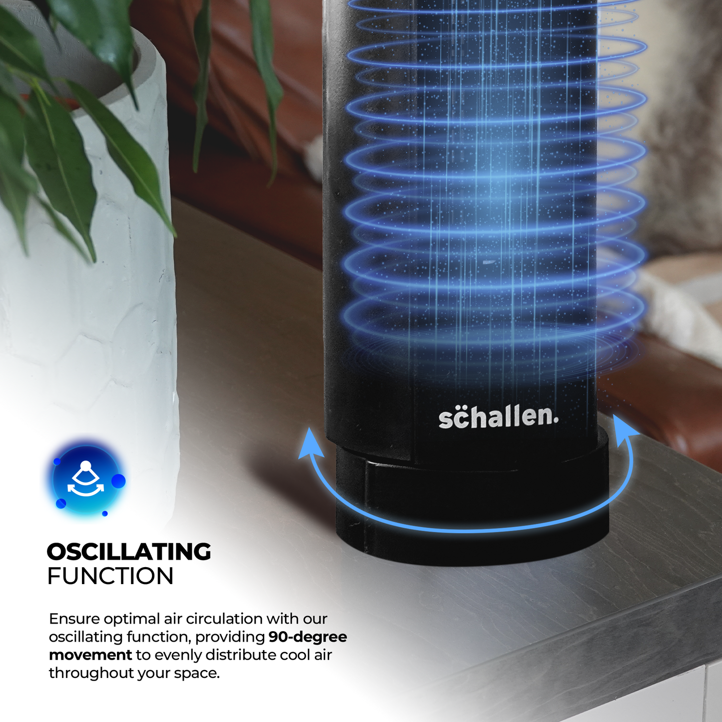Schallen 15" Electric Air Cooling Quiet Oscillation Floor Desk Mini Tower Fan with Timer - Black