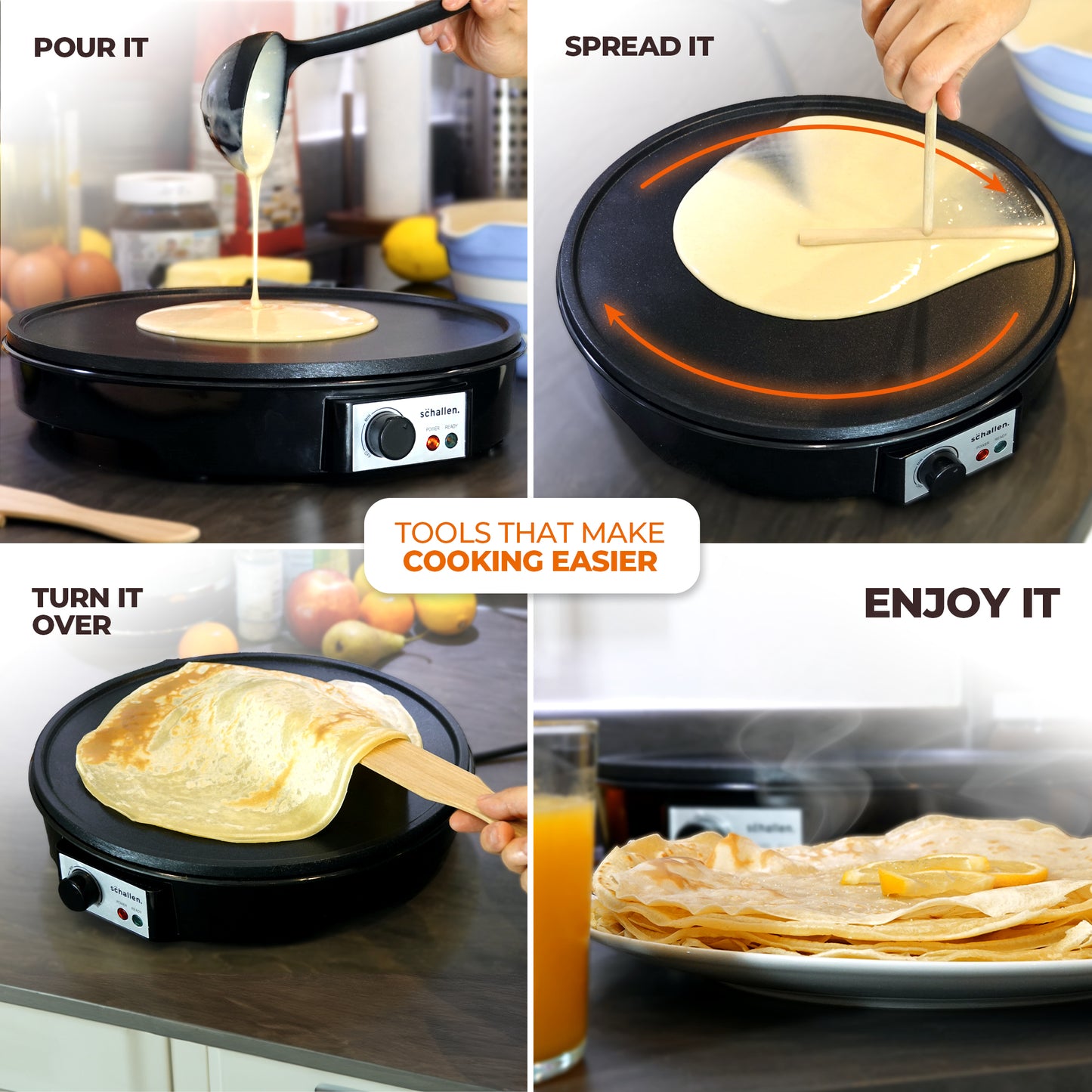 Schallen Black 1000W 12" Electric Traditional Pancake & Crepe Maker Machine Hot Plate & Utensils