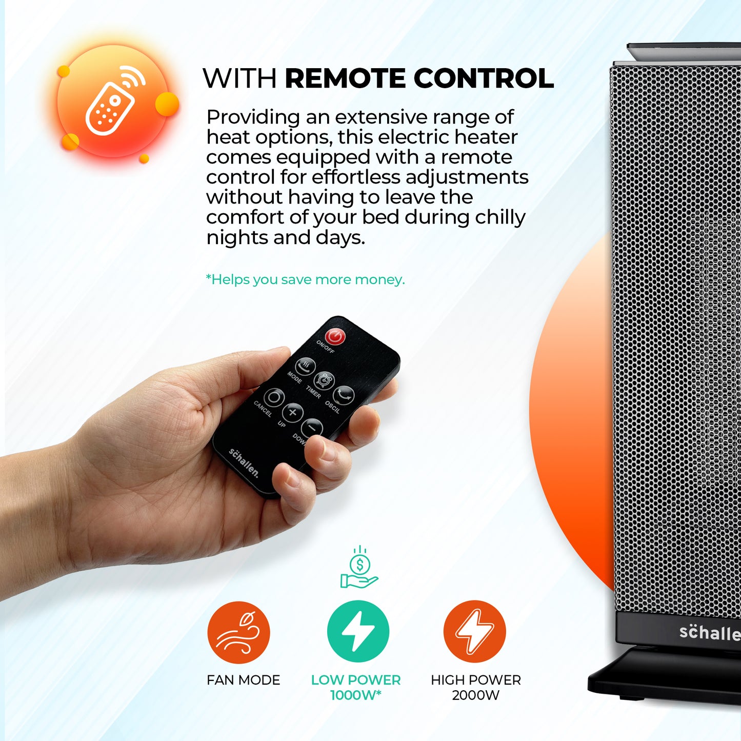 Schallen Floor Standing PTC Ceramic Heater Warm and Cool Air Fan with 24 Hour Timer, Remote Control and LCD Display in Black