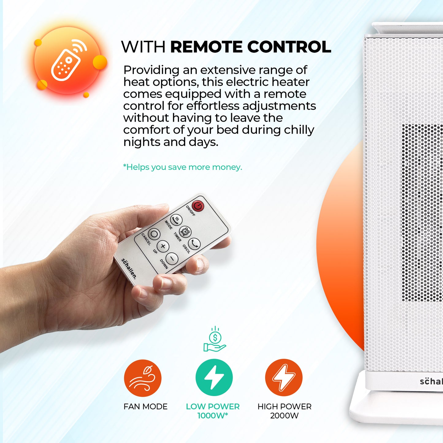 Schallen Floor Standing PTC Ceramic Heater Warm and Cool Air Fan with 24 Hour Timer, Remote Control and LCD Display in White