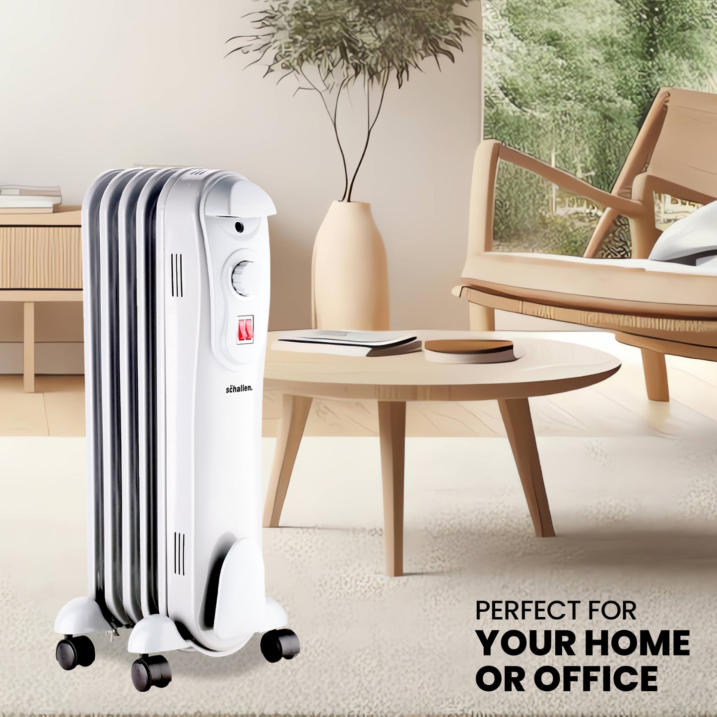 Schallen White 1000W 5 Fin Portable Electric Slim Oil Filled Radiator Heater
