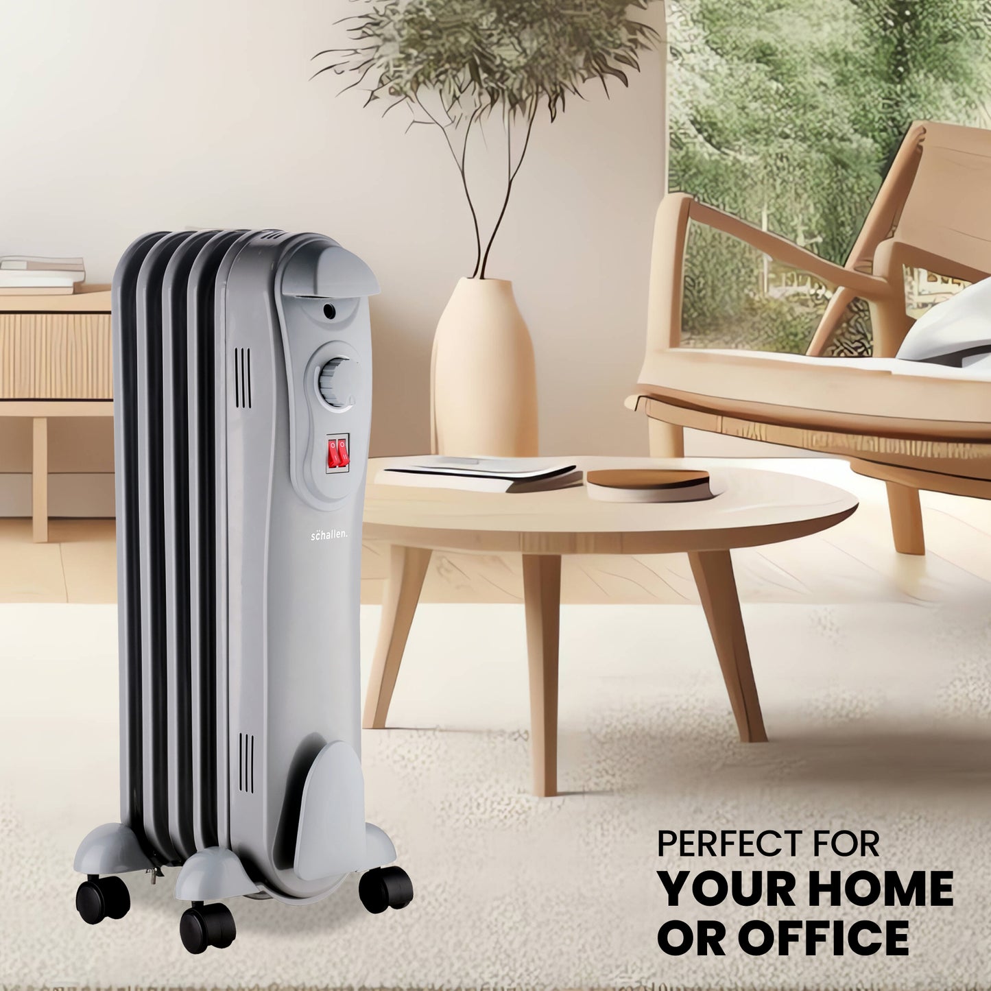 Schallen Grey 1000W 5 Fin Portable Electric Slim Oil Filled Radiator Heater