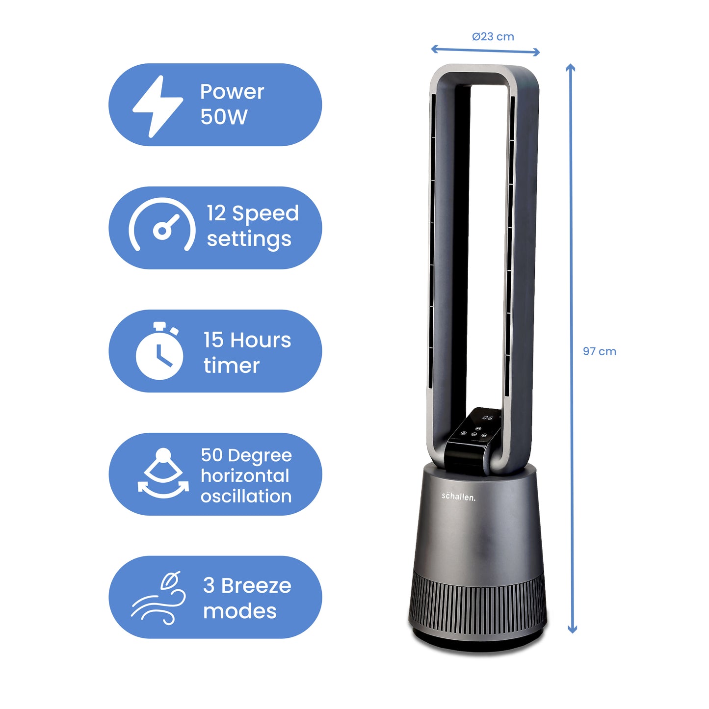 Schallen Graphite Grey Oscillating Bladeless LED Touch Tower Fan with Remote & Timer