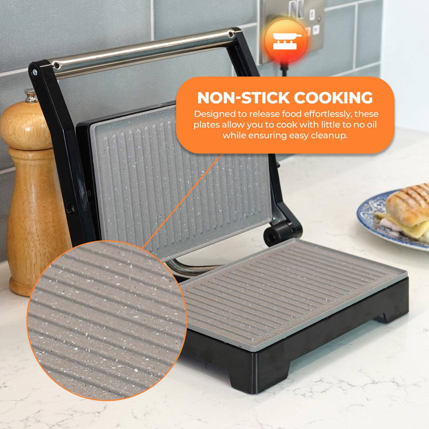 Schallen Panini Grill Press, 2 Slice Sandwich Panini Press & Toastie Maker Machine with Non Stick Hot Plates & Cool Touch Handle 1000W (Black & Silver, Stainless Steel)