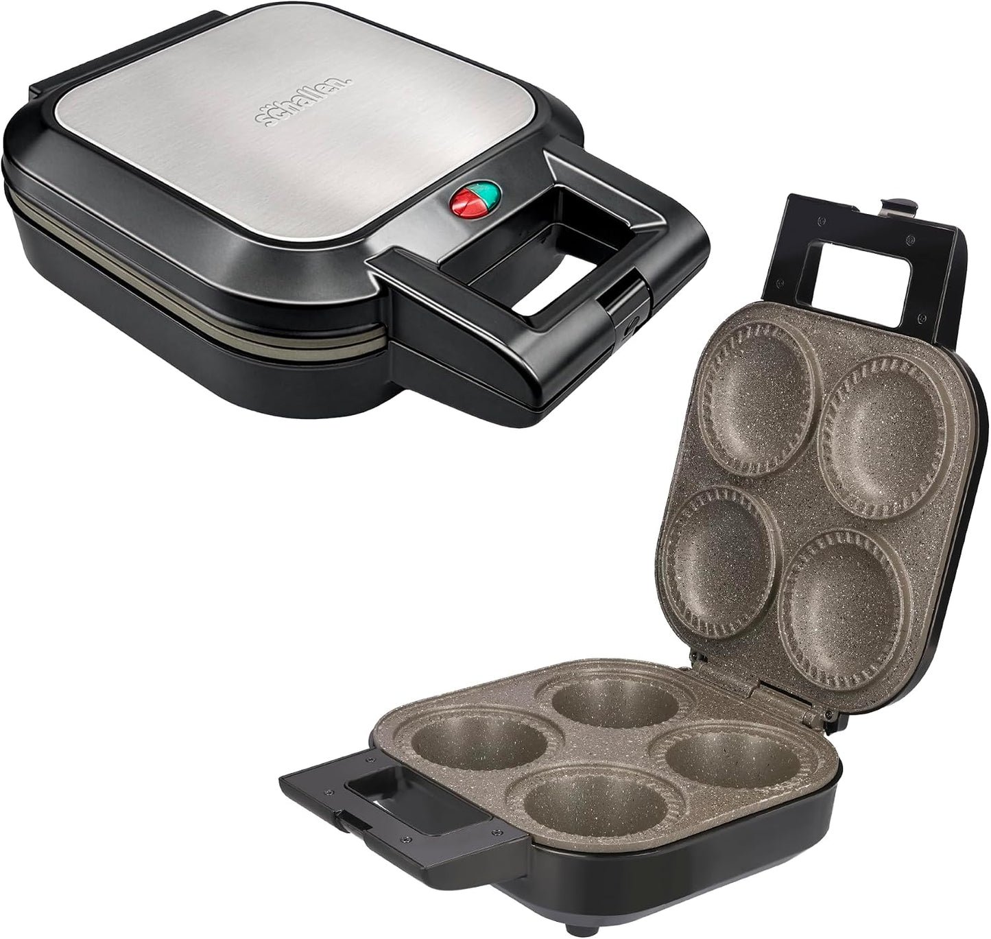 Schallen Electric Non-Stick Deep Fill Quad Pie Maker Machine, Bake Traditional British Pies, Silver Stainless Steel with Locking Latch (4 Pie Maker)