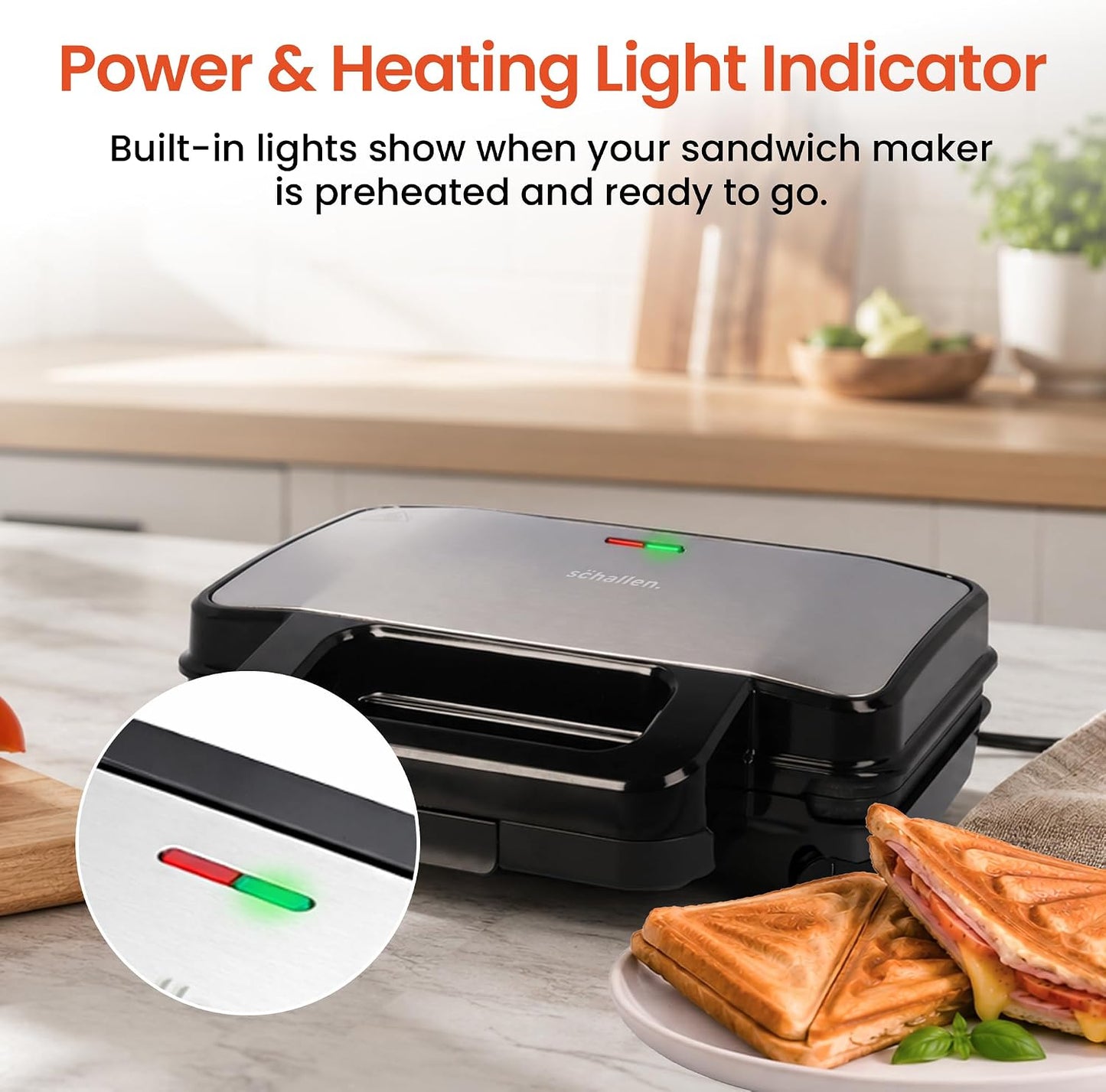Schallen Sandwich Toaster Maker & Toastie Maker Butty Toasting Machine - Deep Fill Non-Stick Hot Plates – 4 Slice Electric Grill Press for Toasted Cheese Snacks Lunch Breakfast - Black & Silver