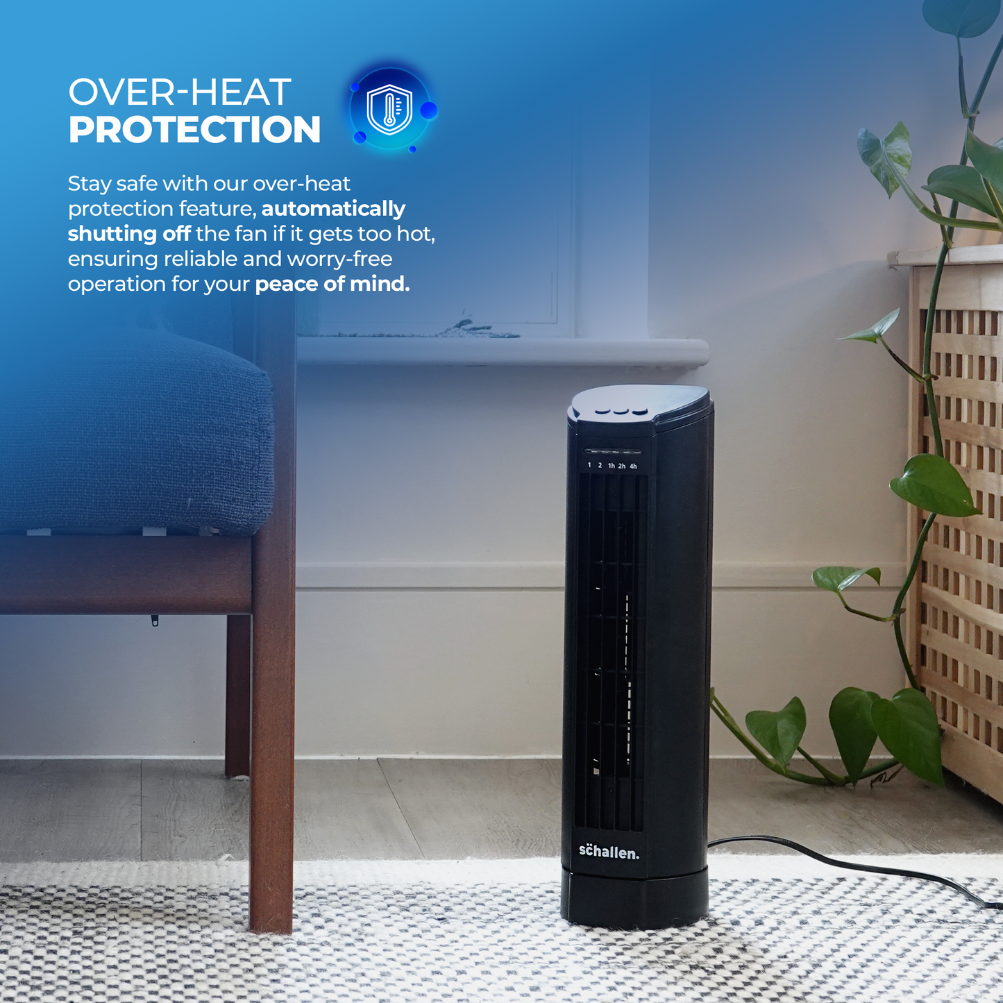 Schallen 15" Electric Air Cooling Quiet Oscillation Floor Desk Mini Tower Fan with Timer - Black