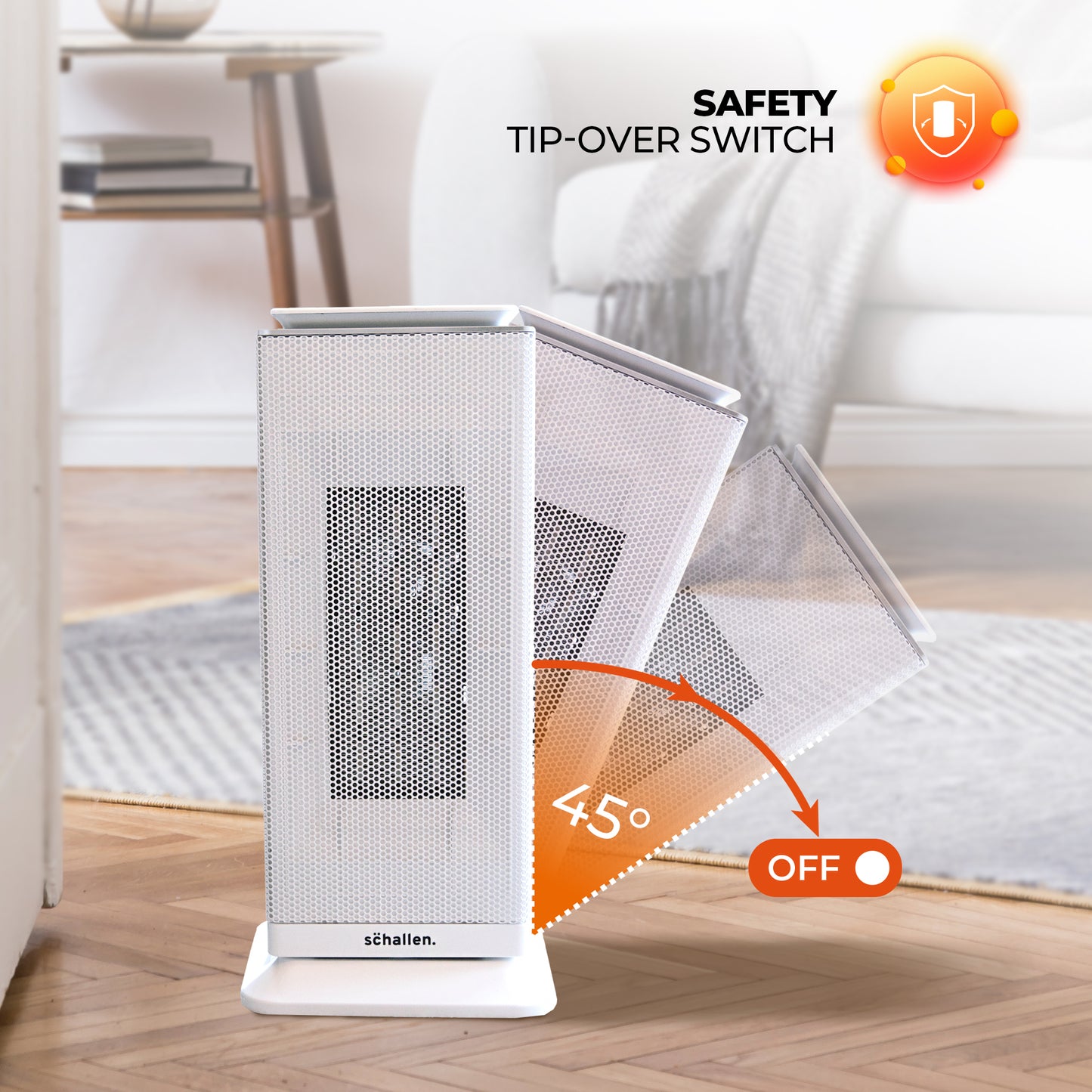 Schallen Floor Standing PTC Ceramic Heater Warm and Cool Air Fan with 24 Hour Timer, Remote Control and LCD Display in White