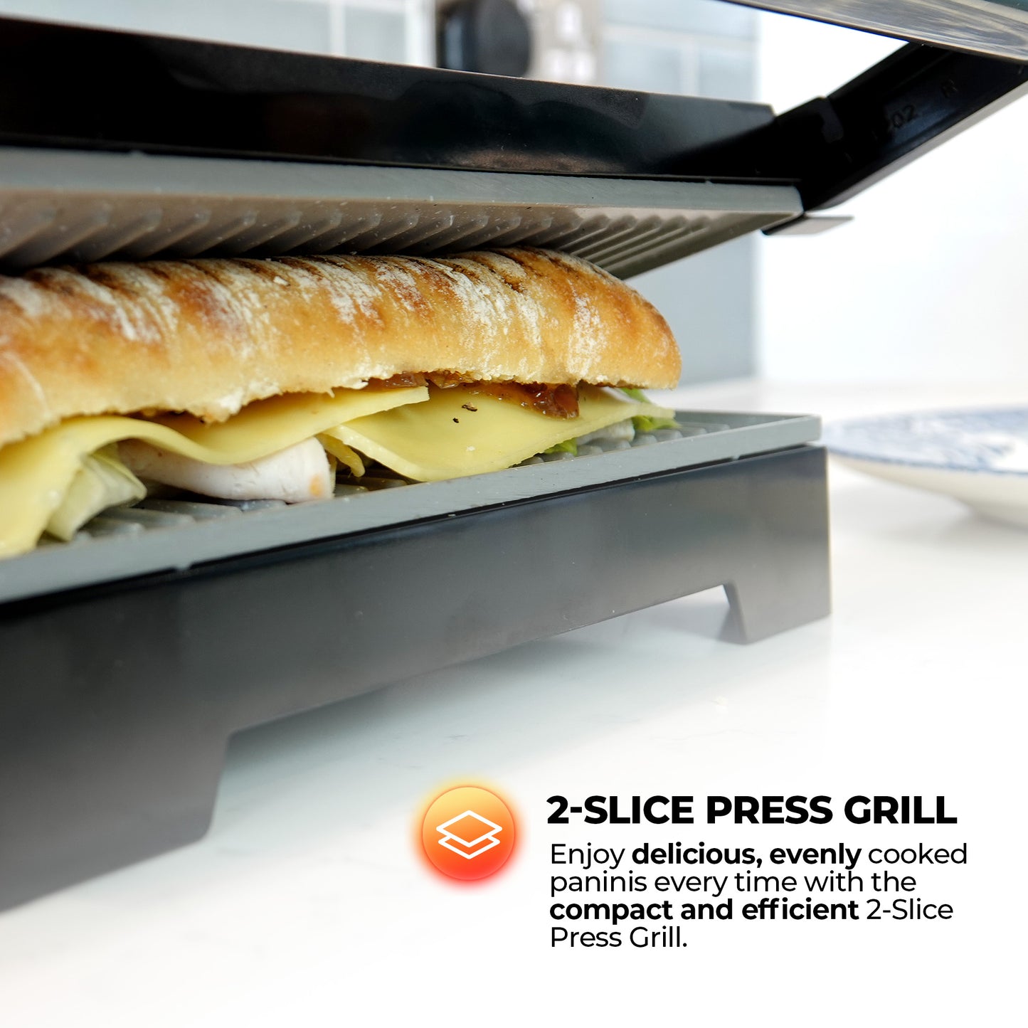 Schallen Panini Grill Press, 2 Slice Sandwich Panini Press & Toastie Maker Machine with Non Stick Hot Plates & Cool Touch Handle 1000W (Black & Silver, Stainless Steel)
