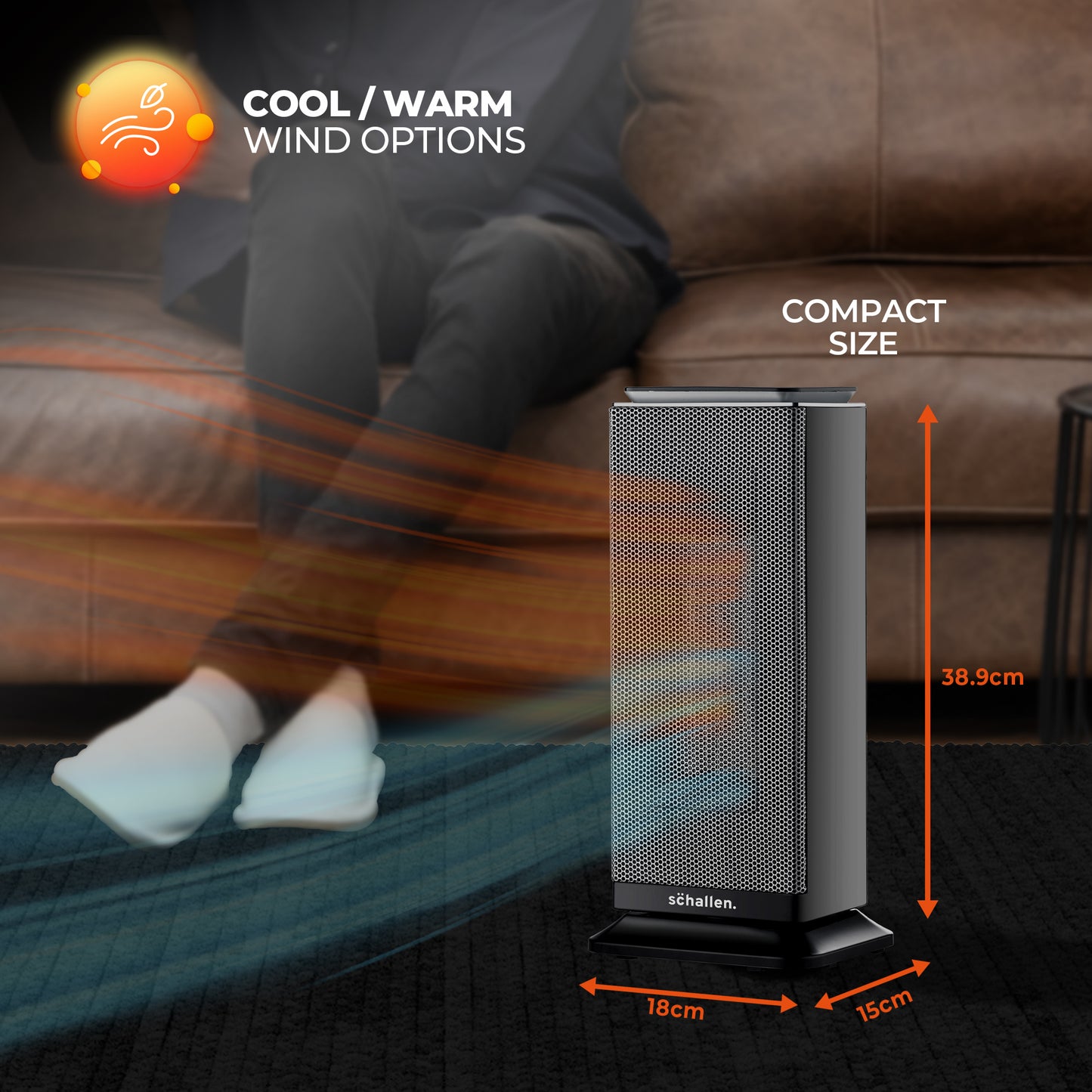Schallen Floor Standing PTC Ceramic Heater Warm and Cool Air Fan with 24 Hour Timer, Remote Control and LCD Display in Black