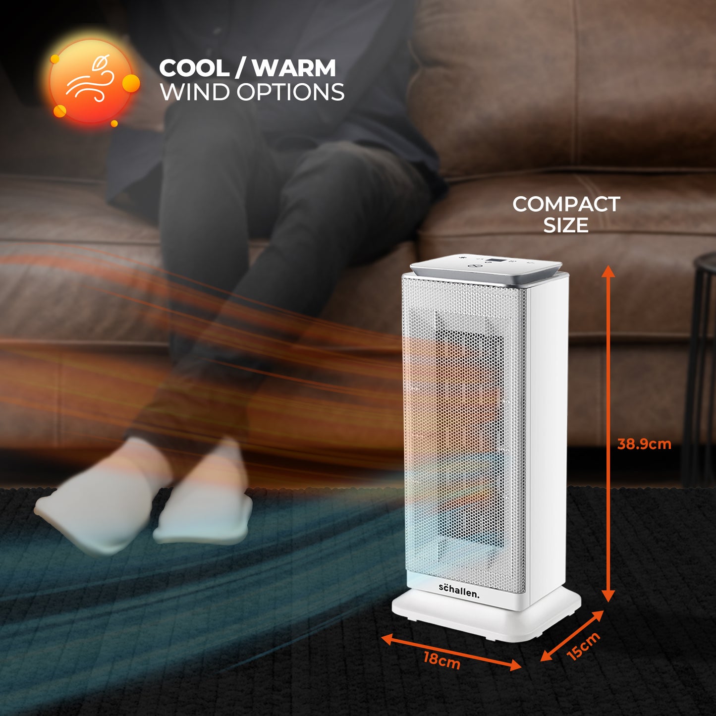 Schallen Floor Standing PTC Ceramic Heater Warm and Cool Air Fan with 24 Hour Timer, Remote Control and LCD Display in White