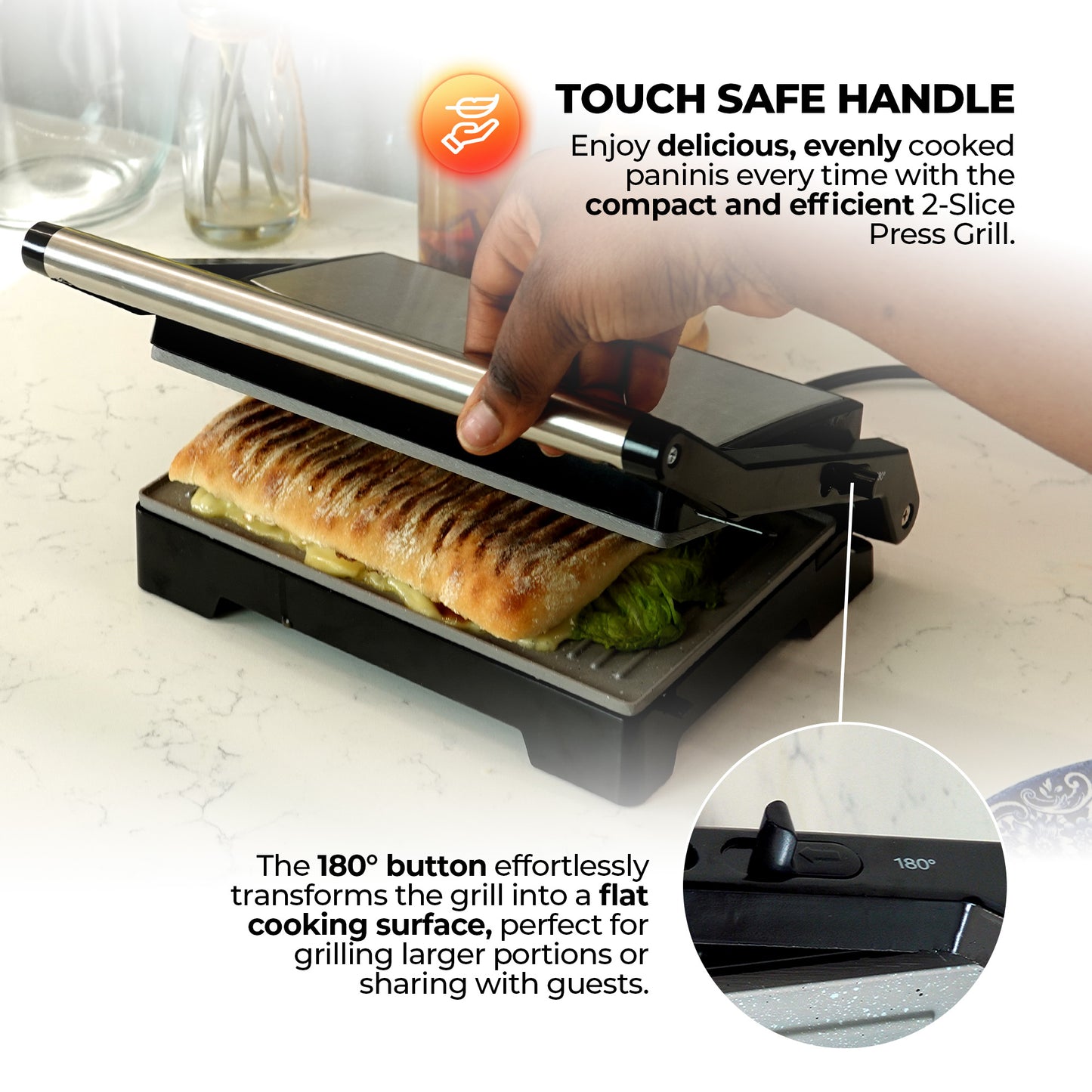 Schallen Panini Grill Press, 2 Slice Sandwich Panini Press & Toastie Maker Machine with Non Stick Hot Plates & Cool Touch Handle 1000W (Black & Silver, Stainless Steel)