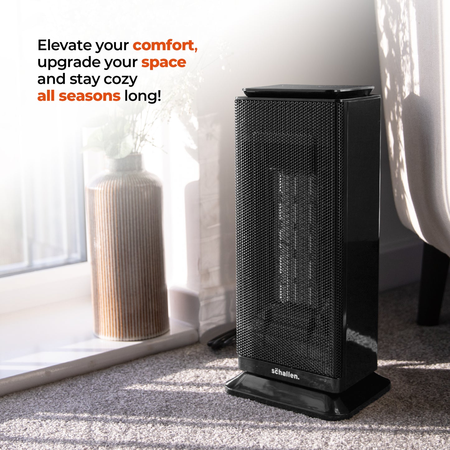 Schallen Floor Standing PTC Ceramic Heater Warm and Cool Air Fan with 24 Hour Timer, Remote Control and LCD Display in Black