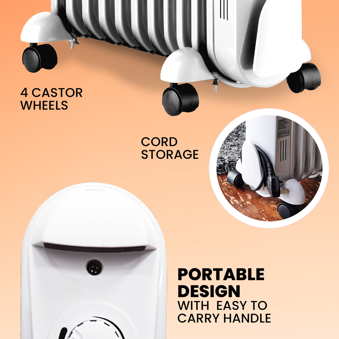 Schallen White 1500W 7 Fin Portable Electric Slim Oil Filled Radiator Heater