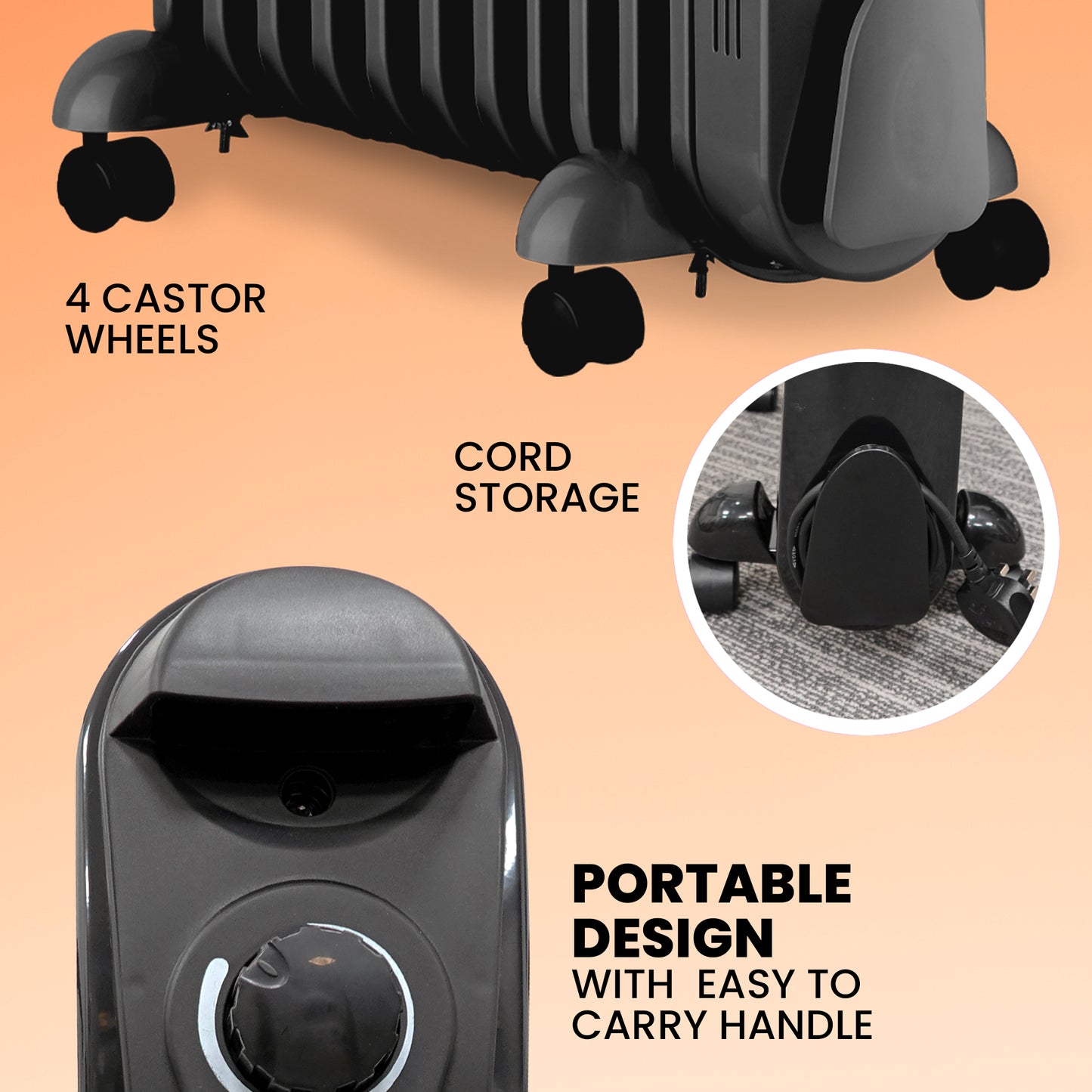 Schallen Black 2500W 11 Fin Portable Electric Slim Oil Filled Radiator Heater with Timer