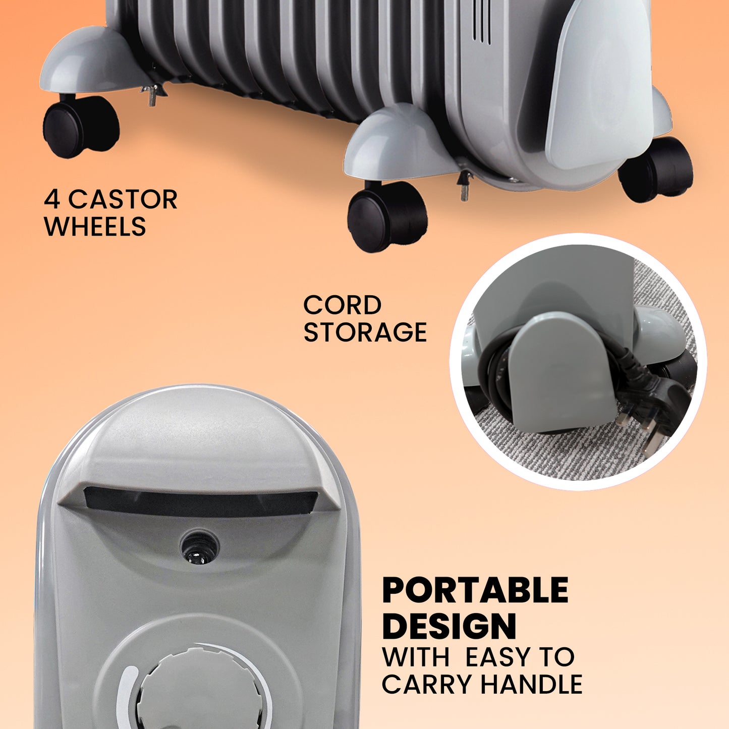 Schallen Grey 2500W 11 Fin Portable Electric Slim Oil Filled Radiator Heater with Timer
