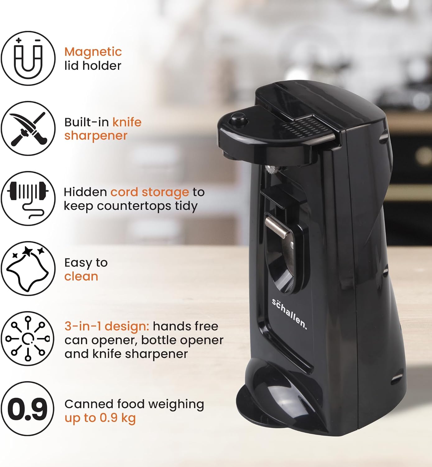 Schallen 3 in 1 Electric Tin Can Automatic Easy Opener with Knife Sharpener Kitchen Tool - Grey