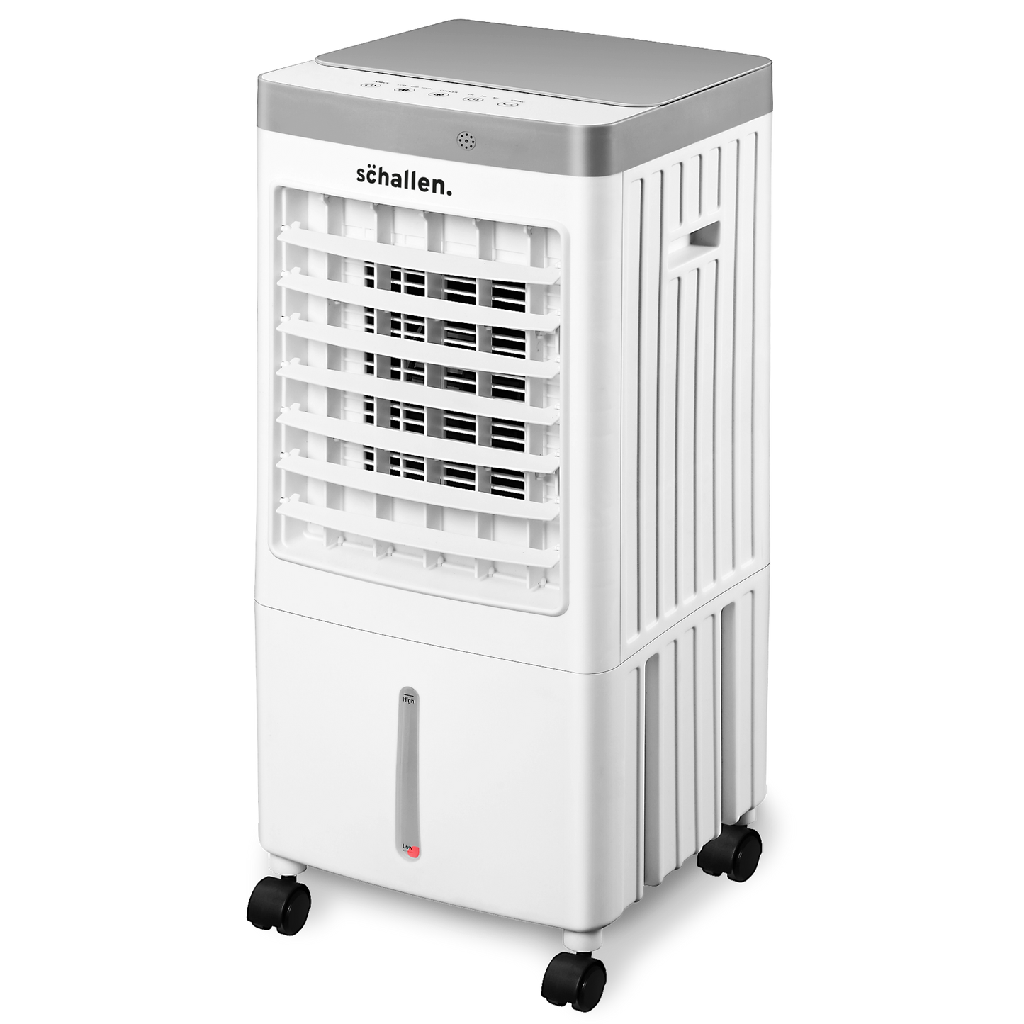 Schallen Portable Air Cooler for Home & Office Use, Sleek Design 3 Speed Settings with Large 10 Litre Water Tank, Remote Control, 65W (White & Grey)