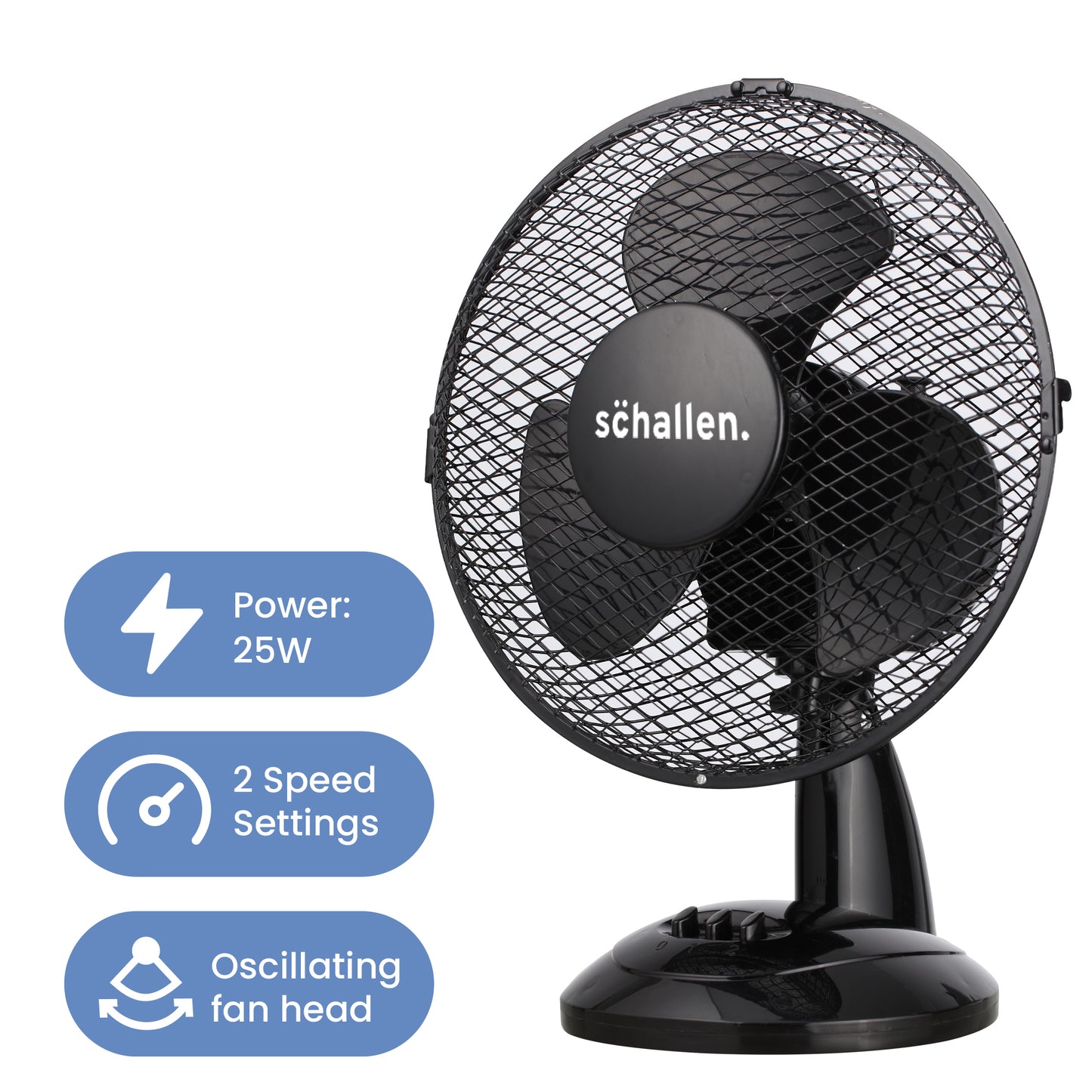 Schallen Small 9" Portable Desk Table Oscillating Cooling Fan with 2 Speed Setting - Black