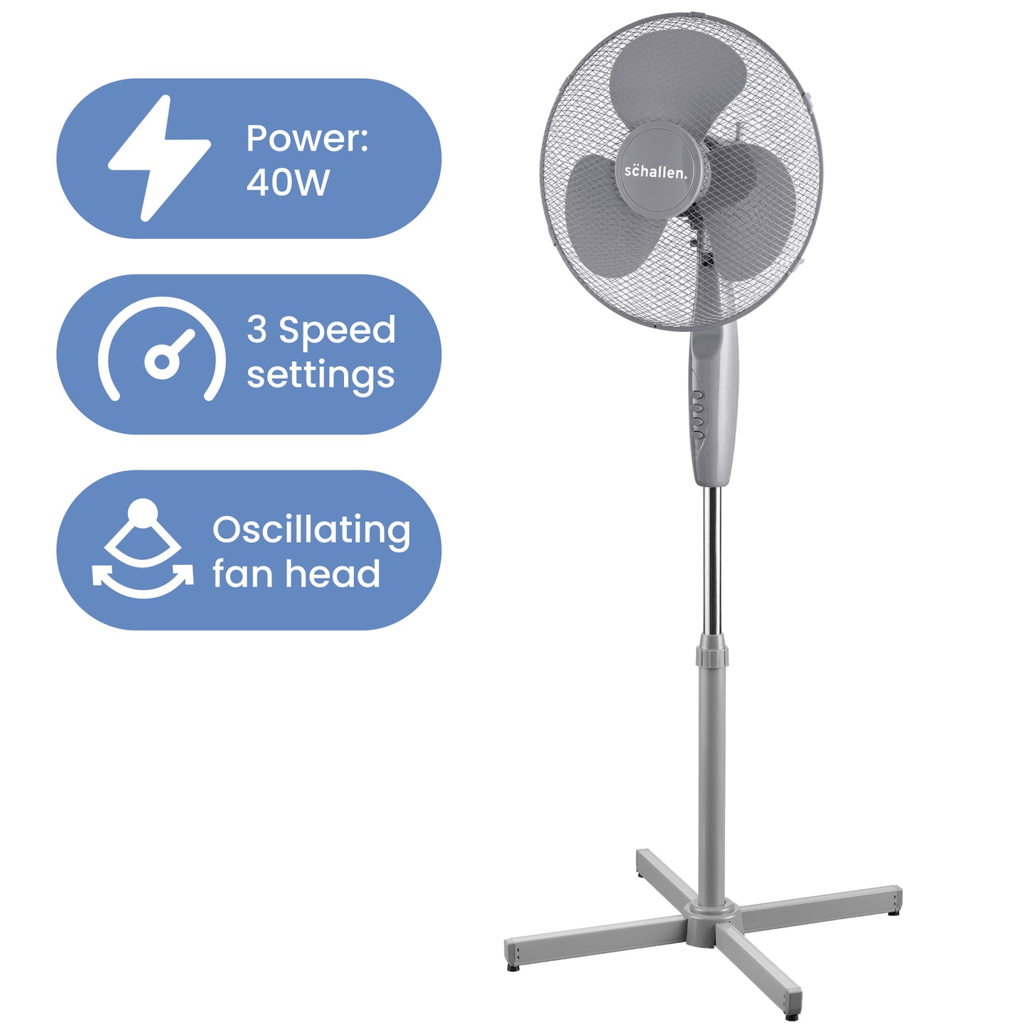 Schallen 16" Electric Oscillating Floor Standing Tall Pedestal Air Cooling Fan - Grey